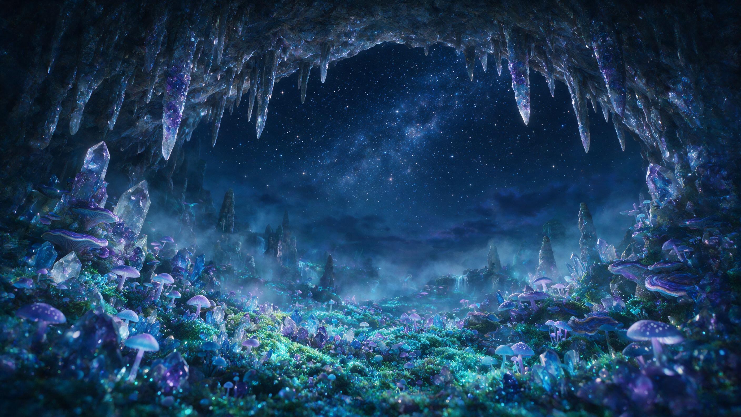 A luminous crystal cave beneath a starry night sky, glowing mushrooms and moss covering the cave floor, ethereal mist swirling around ancient stalactites, soft bioluminescent blue and purple light, cinematic composition, gentle fog, dreamlike atmosphere