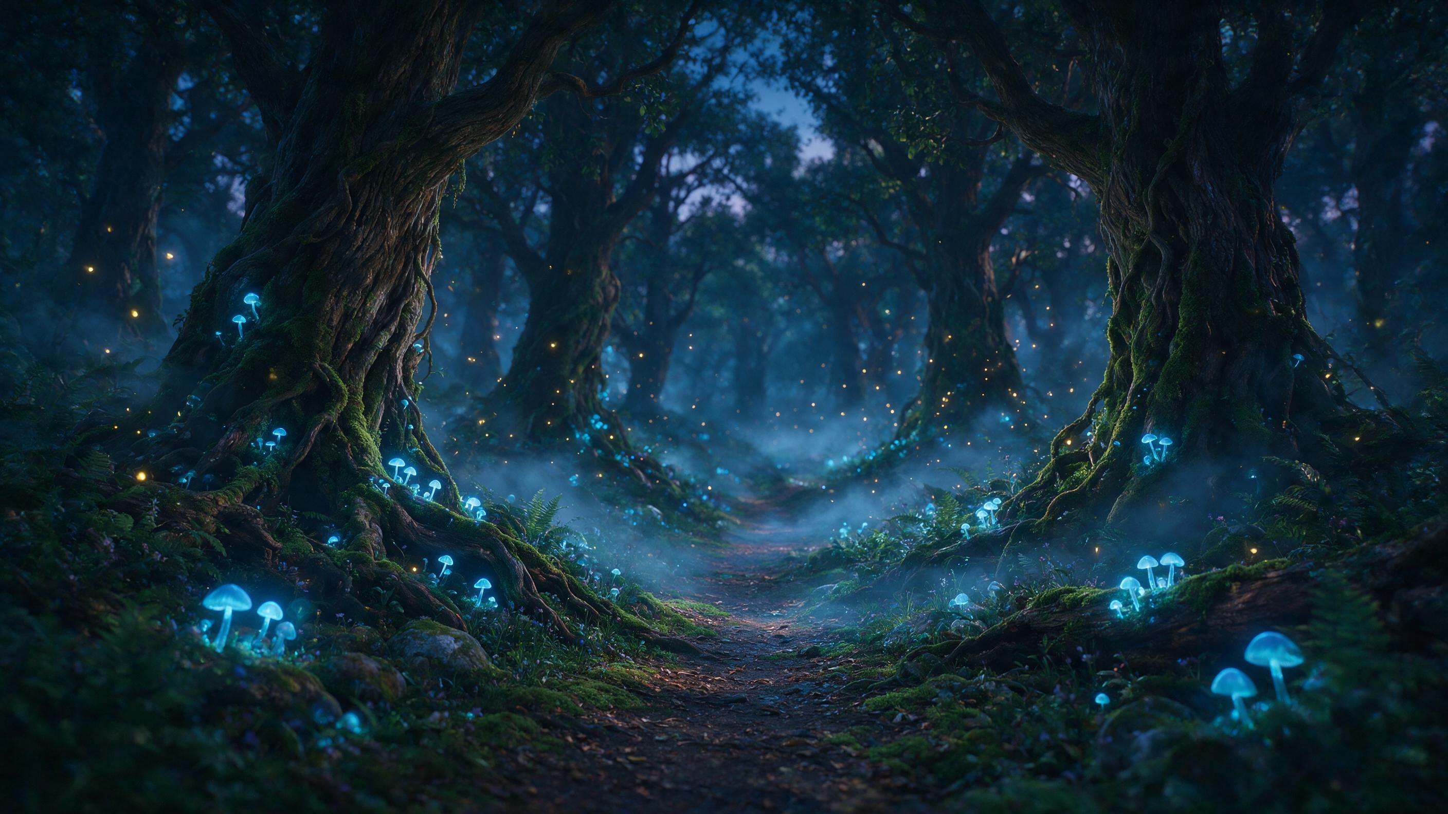 A mystical forest at twilight, glowing mushrooms casting soft blue light on a winding path, ancient trees with twisted roots, ethereal mist swirling, fireflies dancing in the air, shallow depth of field, cinematic composition, moody atmosphere