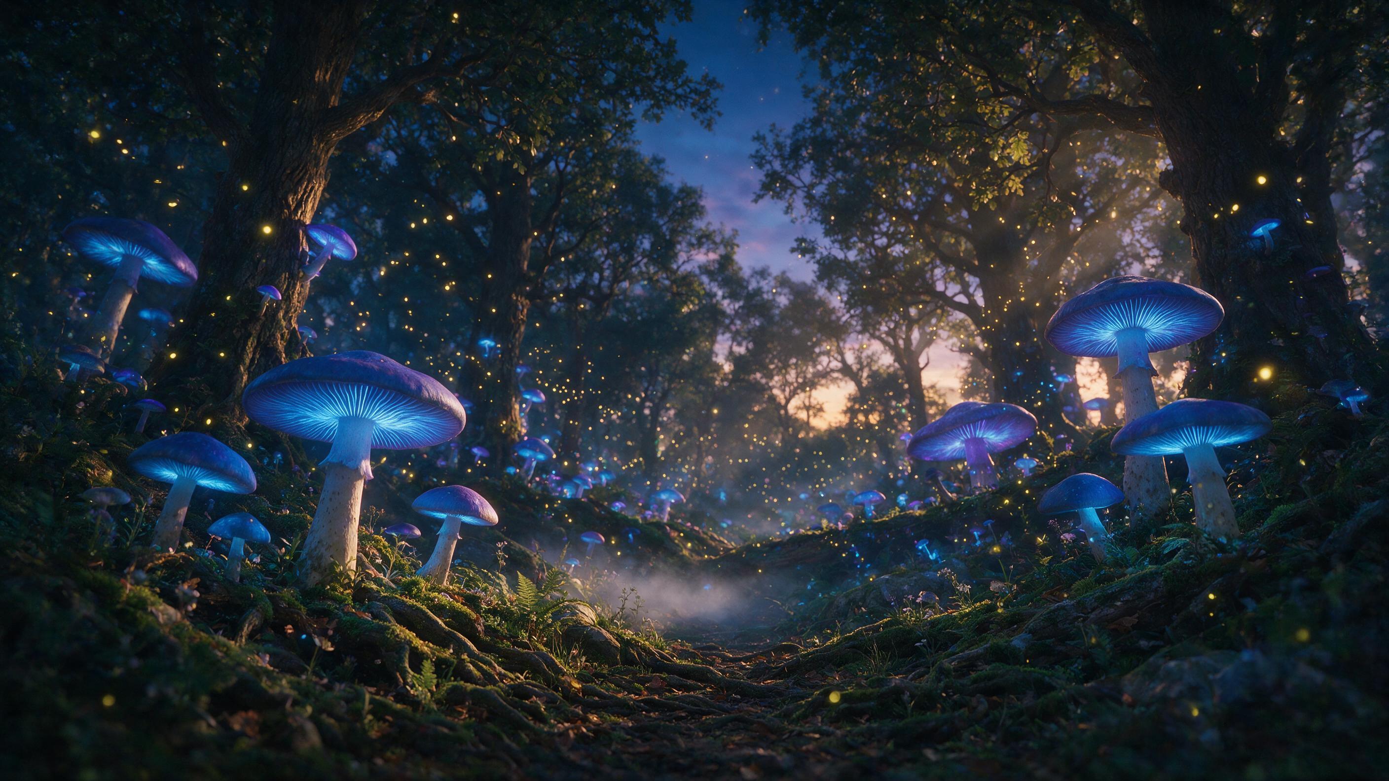 A luminous forest at twilight, giant glowing mushrooms with bioluminescent blue and purple caps, fireflies floating in spiraling patterns, moss-covered roots intertwining, soft mist rising from the ground, warm golden light filtering through canopy, shallow depth of field, cinematic composition