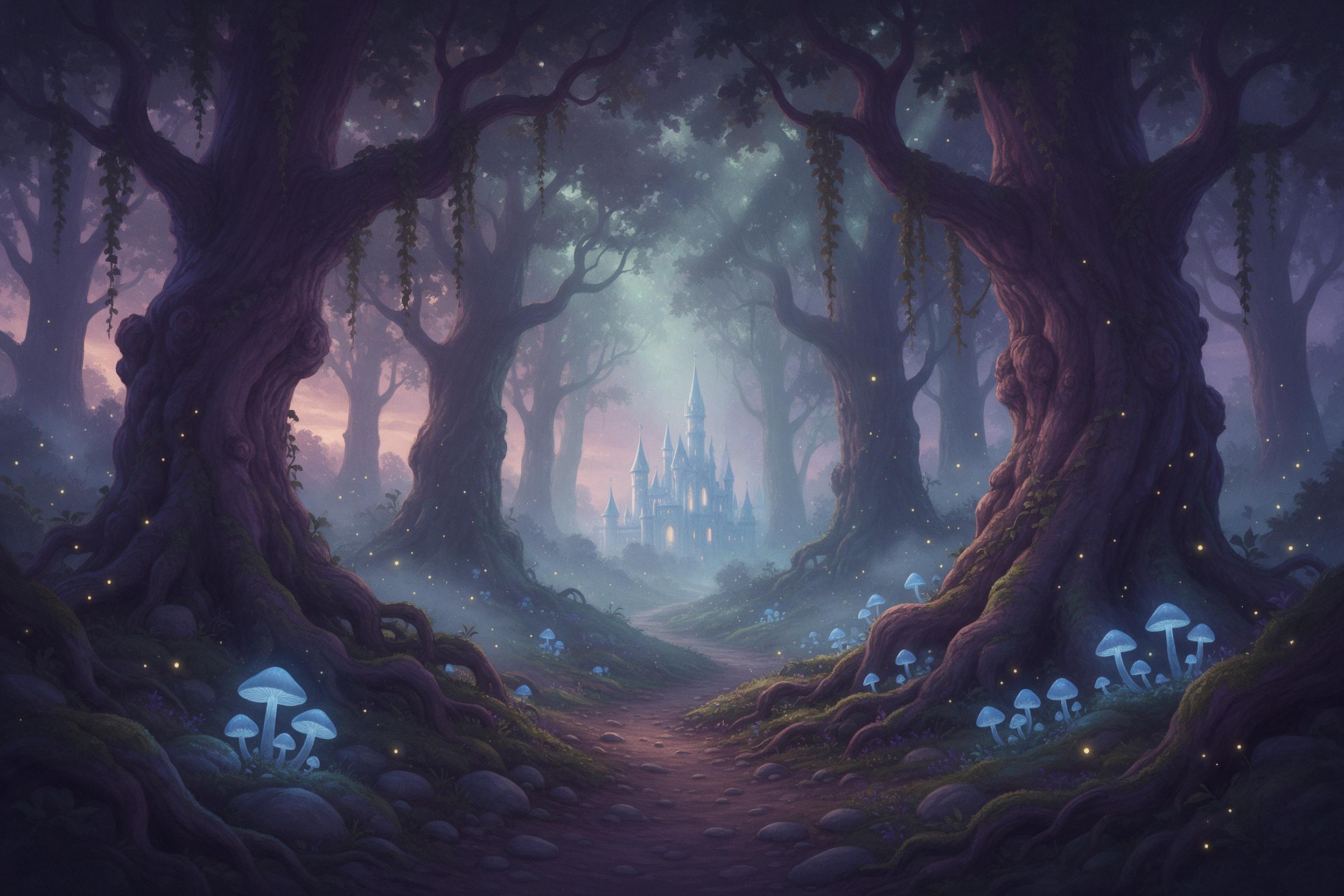 A mystical forest at twilight, ancient gnarled trees with glowing blue mushrooms, a winding path leading to a shimmering castle in the distance, soft mist between trunks, ethereal light filtering through leaves, fireflies dancing, muted purple and teal palette, painterly texture, serene atmosphere.
