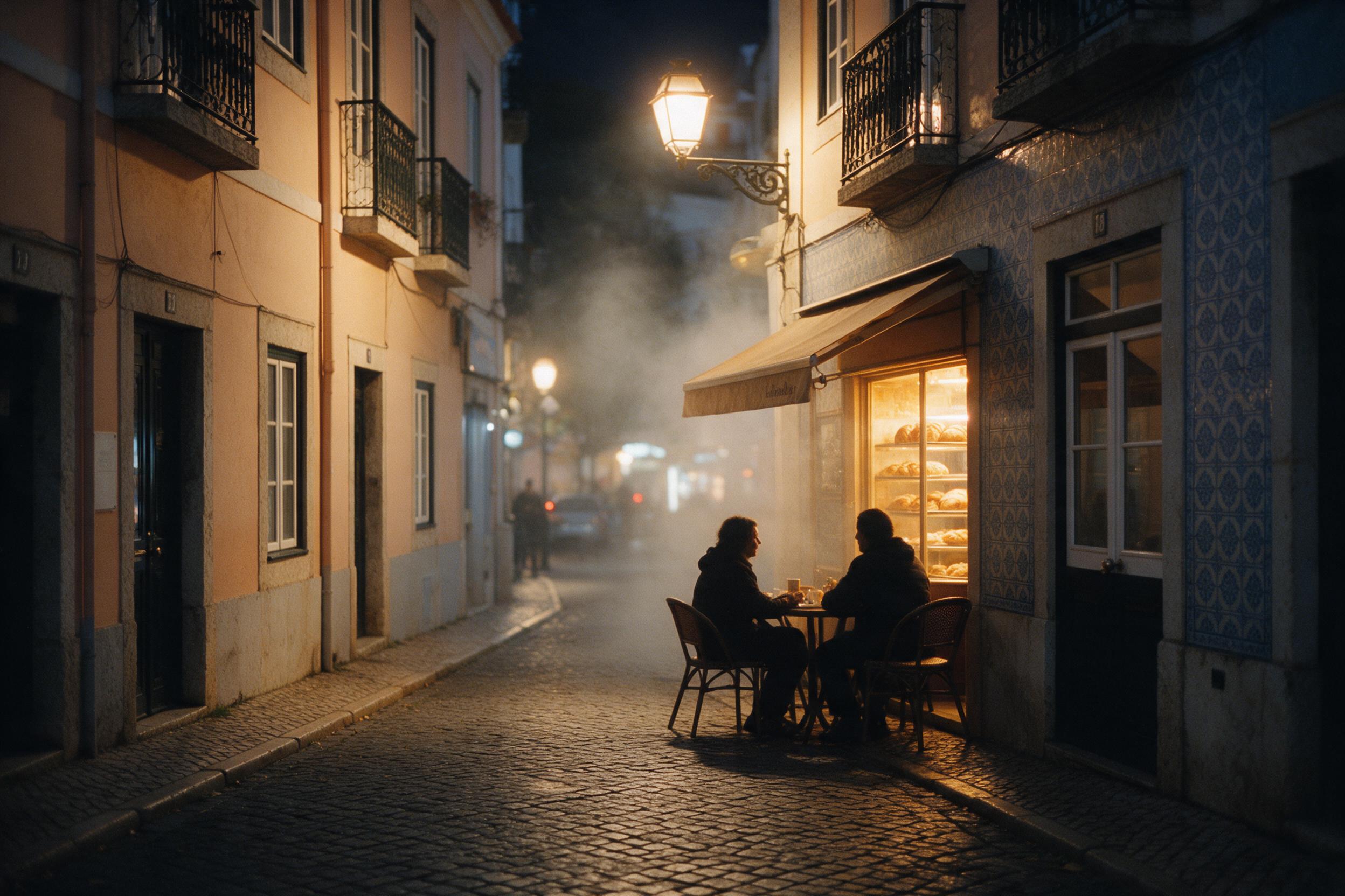 A cozy evening street in Lisbon, warm street lamps illuminating cobblestones, tiled facades in soft peach and blue, a small bakery with golden glow, silhouettes of two people chatting at a café table, gentle mist, shallow depth of field, film grain, natural night lighting.
