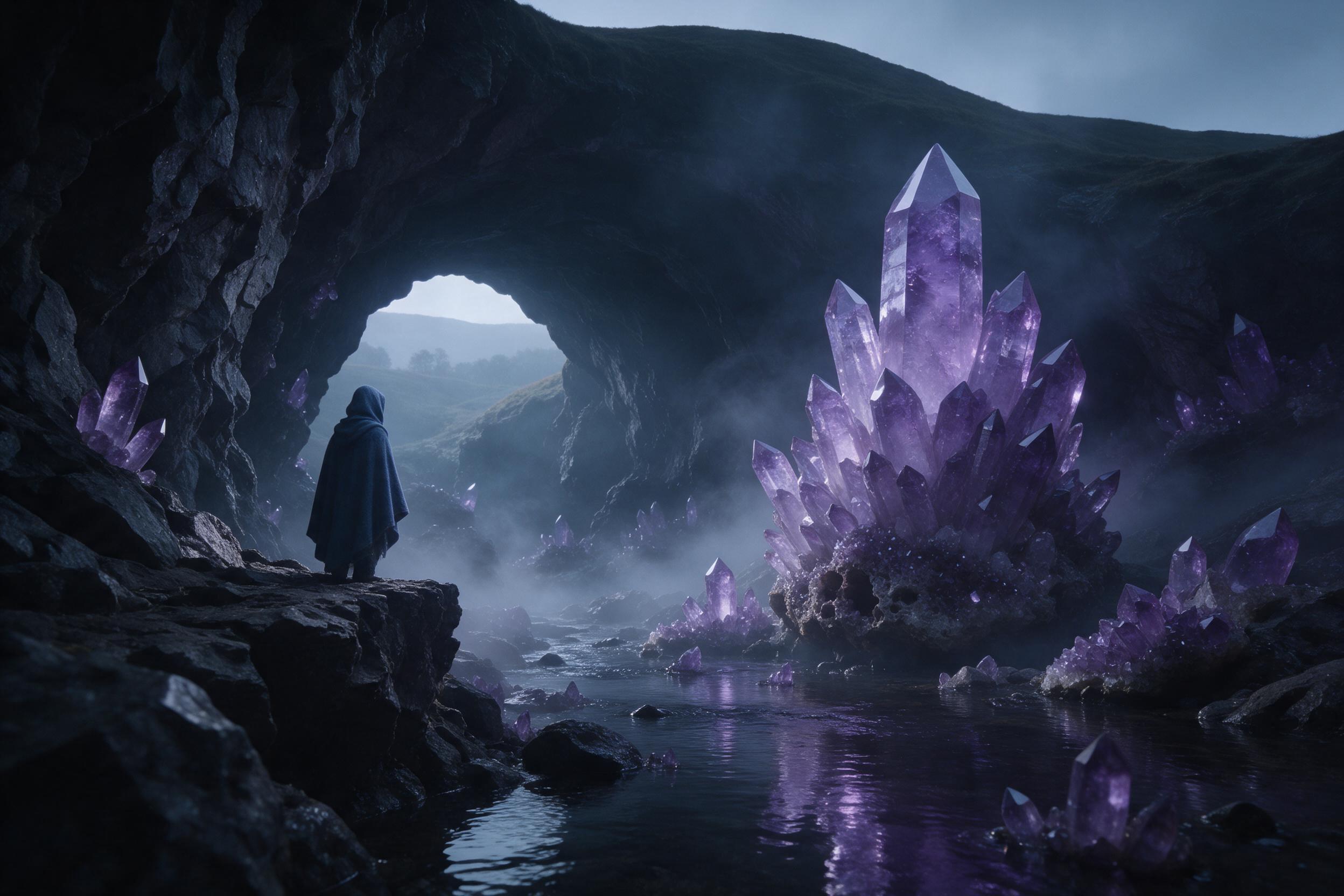 A hidden crystal cavern beneath rolling hills, with giant glowing amethyst clusters emitting cool violet light, a small stream reflecting the jewels, mist weaving between pillars, a lone figure in a hooded cloak observing from a rocky ledge, soft volumetric light, cinematic composition