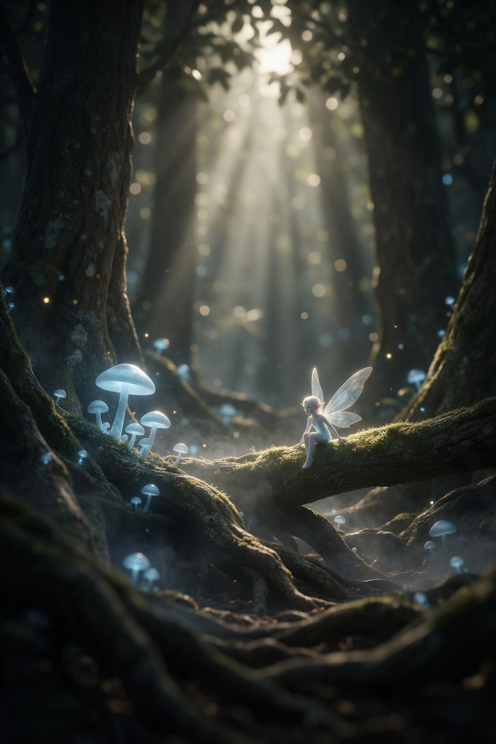 An ancient forest where bioluminescent mushrooms emit a soft blue glow, a tiny fairy with translucent wings rests on a mossy branch, shafts of moonlight pierce the canopy, mist curls around gnarled roots, dreamy atmosphere, muted green and gold palette, shallow depth of field, ethereal quality