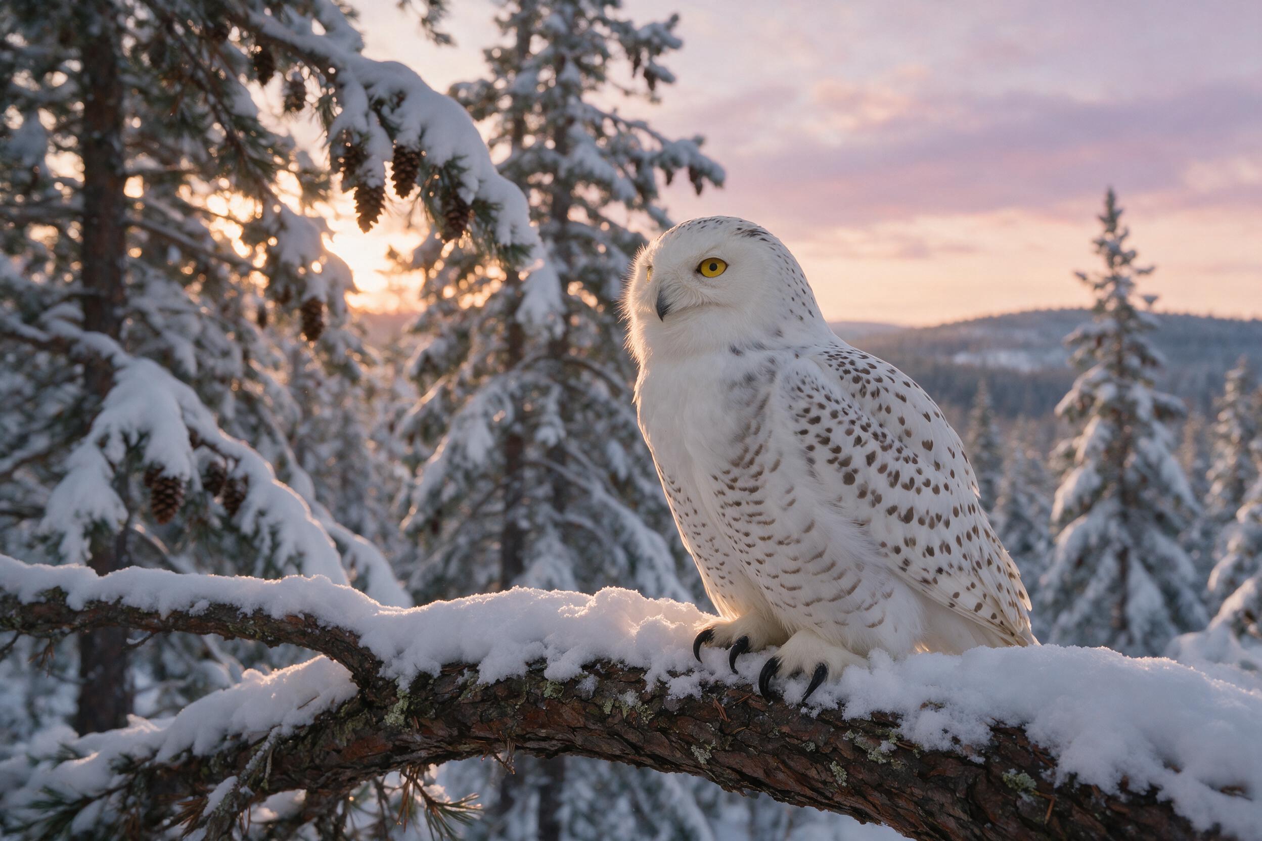 A snowy owl perched on a gnarled pine branch at twilight, feathers ruffled by wind, soft golden hour light filtering through trees, shallow depth of field, natural grain