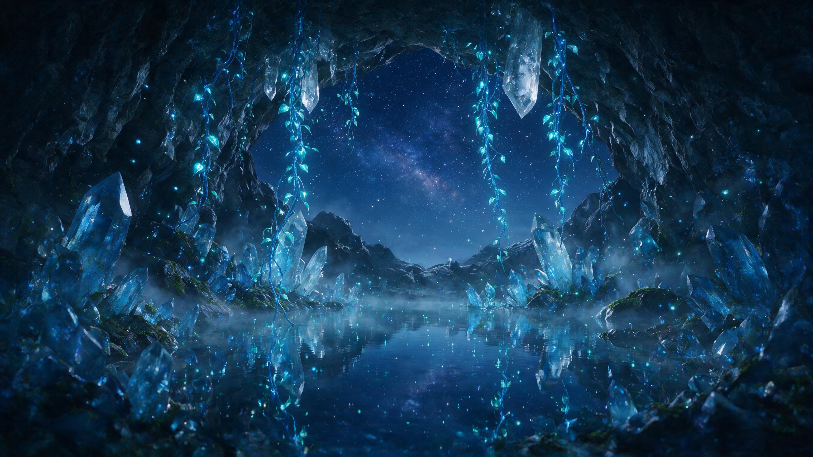 A luminous crystal cave beneath a starry night sky, with glowing blue vines hanging from the ceiling, reflecting on a still underground lake. Soft mist rises, scattered with floating bioluminescent spores. Cinematic composition with deep shadows and cool blue light, gentle haze in the air.