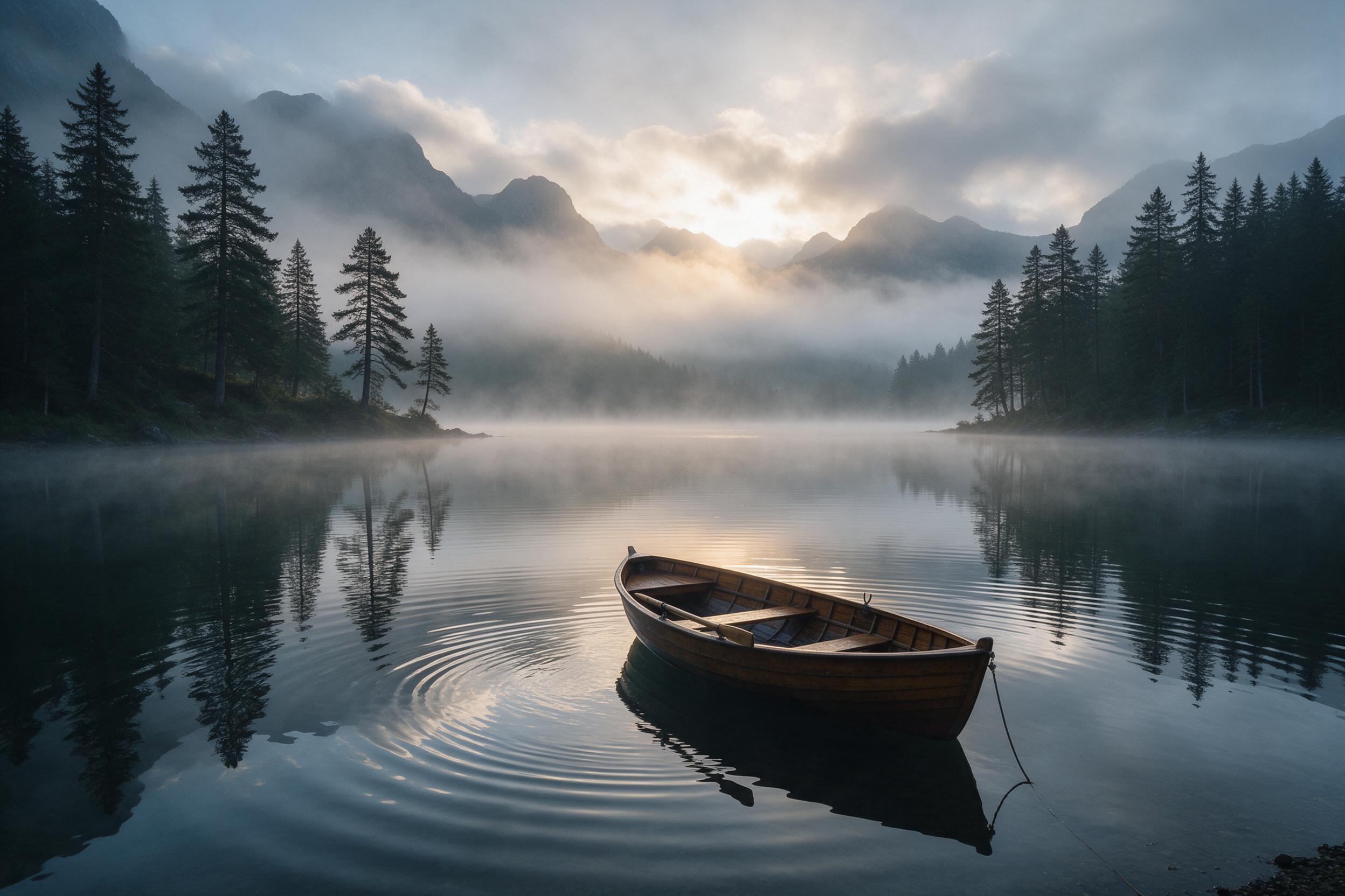 A misty mountain lake at dawn, mirrored reflections of pine trees, soft golden light breaks through low clouds, a wooden rowboat rests near the shore, gentle ripples, damp air and faint scent of pine, Fuji-style composition with leading lines from the boat to distant peaks.
