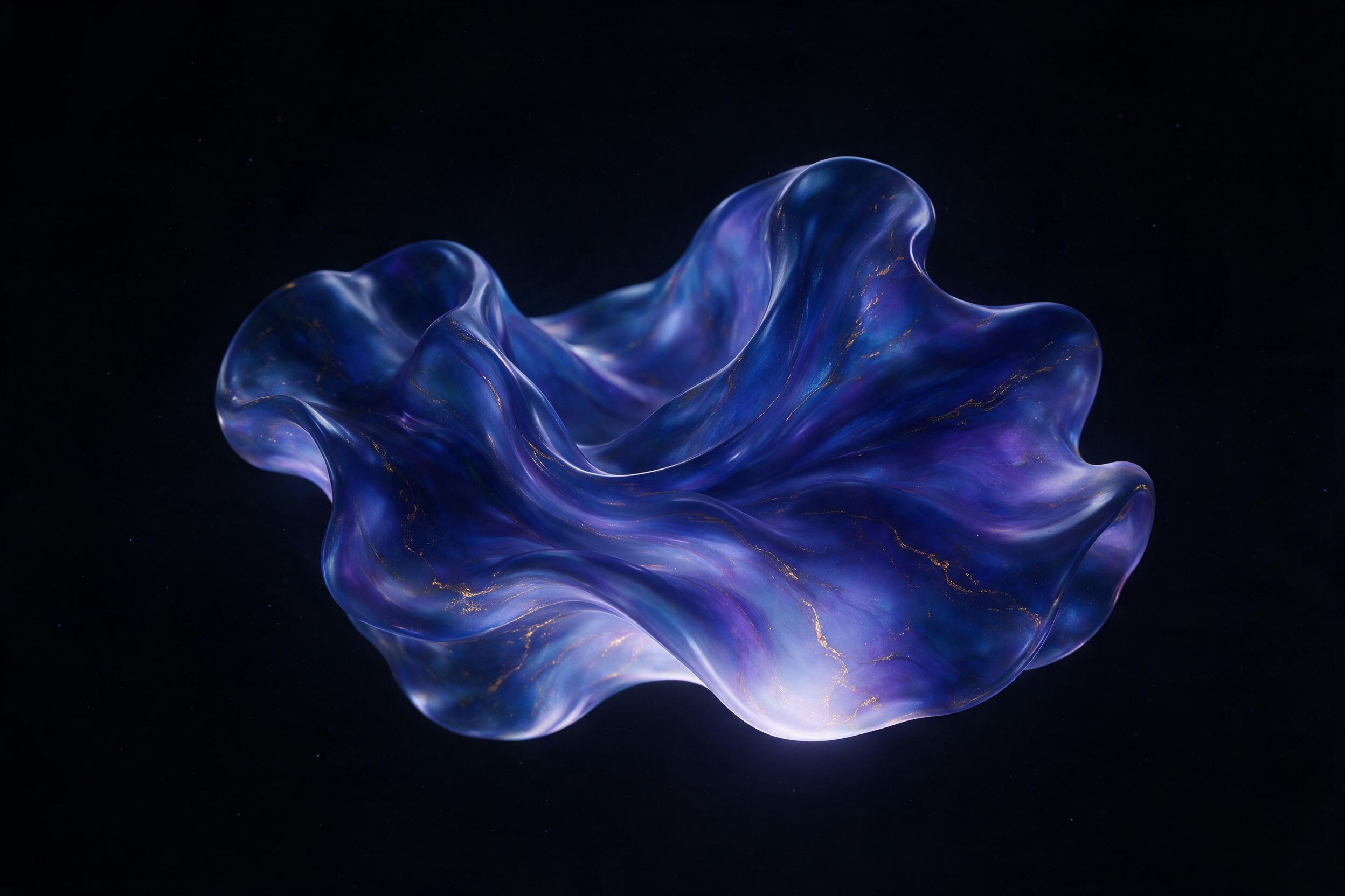 Smooth, flowing curves of iridescent blues and purples, with subtle golden veins, suspended in a dark void. Soft, diffused light from below creates a gentle glow on the surface. Minimalist, organic shape, no sharp edges, no text.