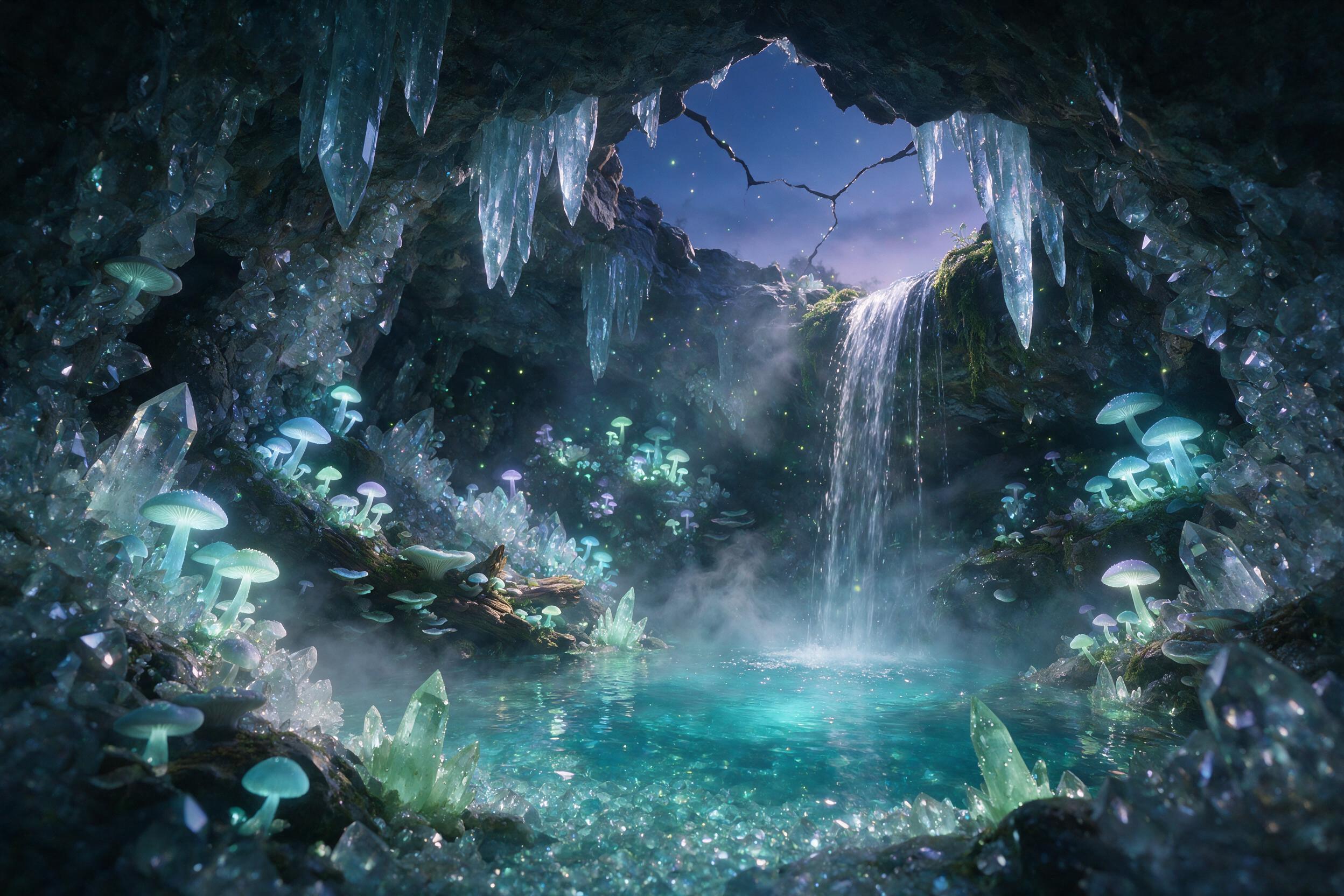 A luminous crystal cave in twilight, bioluminescent fungi lining the walls, a gentle waterfall cascading into a glowing pool, mist swirling, soft natural light filtering through cracks, dreamy and ethereal, wide-angle composition.