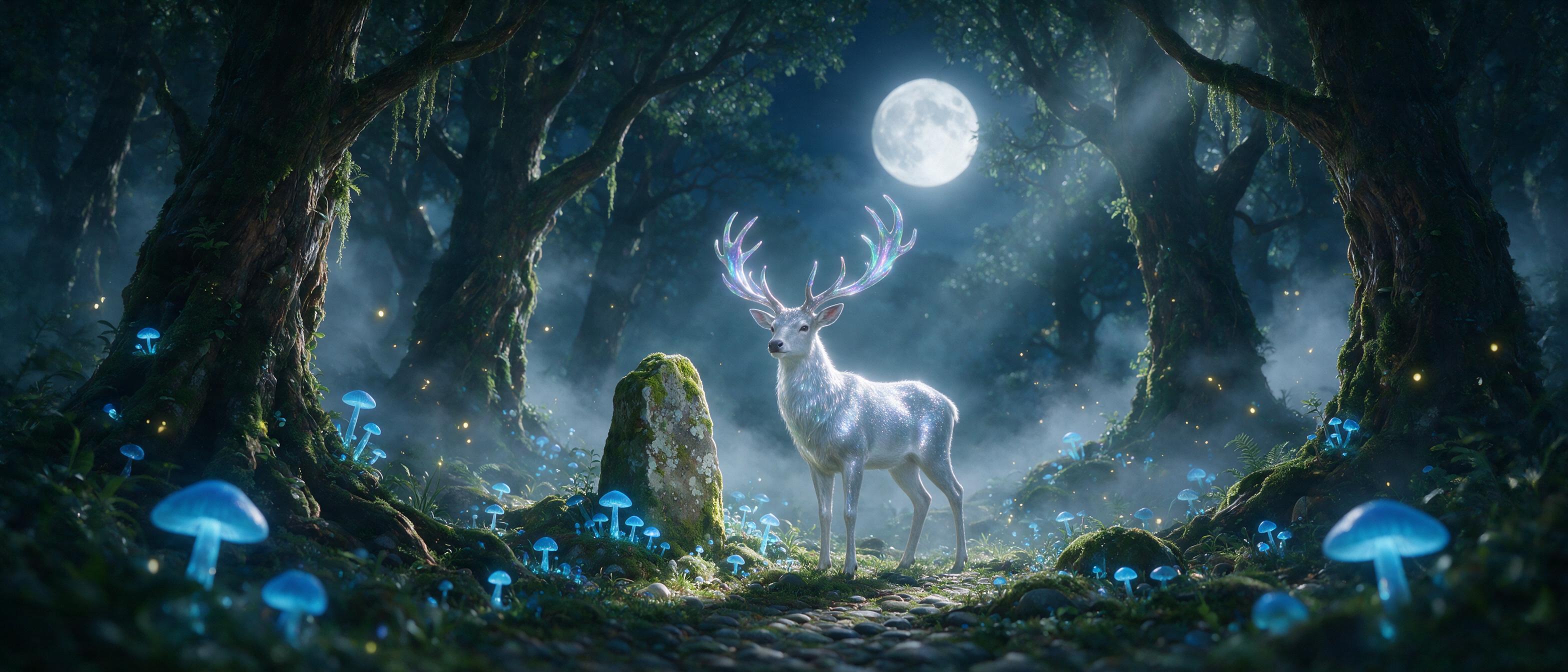 A moonlit ancient forest clearing, glowing blue mushrooms and floating fireflies, a silver stag with branching iridescent antlers stands by a mossy stone, soft mist, ethereal light beams through fog, cinematic composition, shallow depth of field