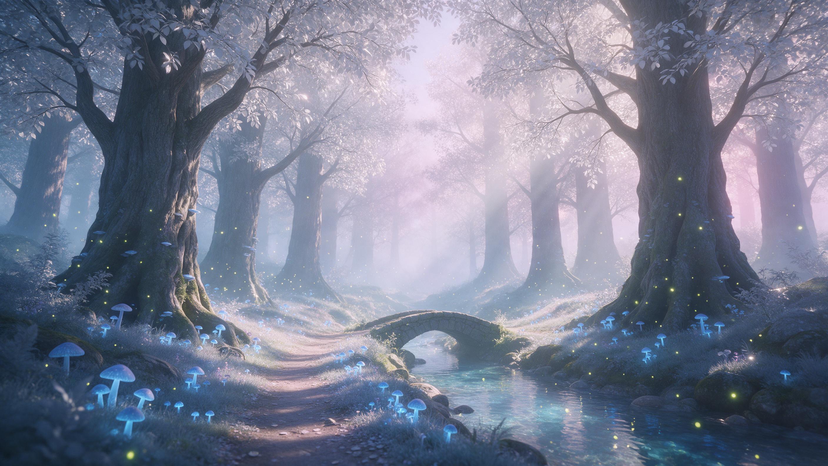 A misty enchanted forest at dawn, ancient towering trees with silver leaves, glowing blue mushrooms along a winding path, ethereal light rays piercing through fog, a small stone bridge over a crystal-clear stream, fireflies dancing in the air, atmosphere of tranquil mystery, soft pastel tones, gentl