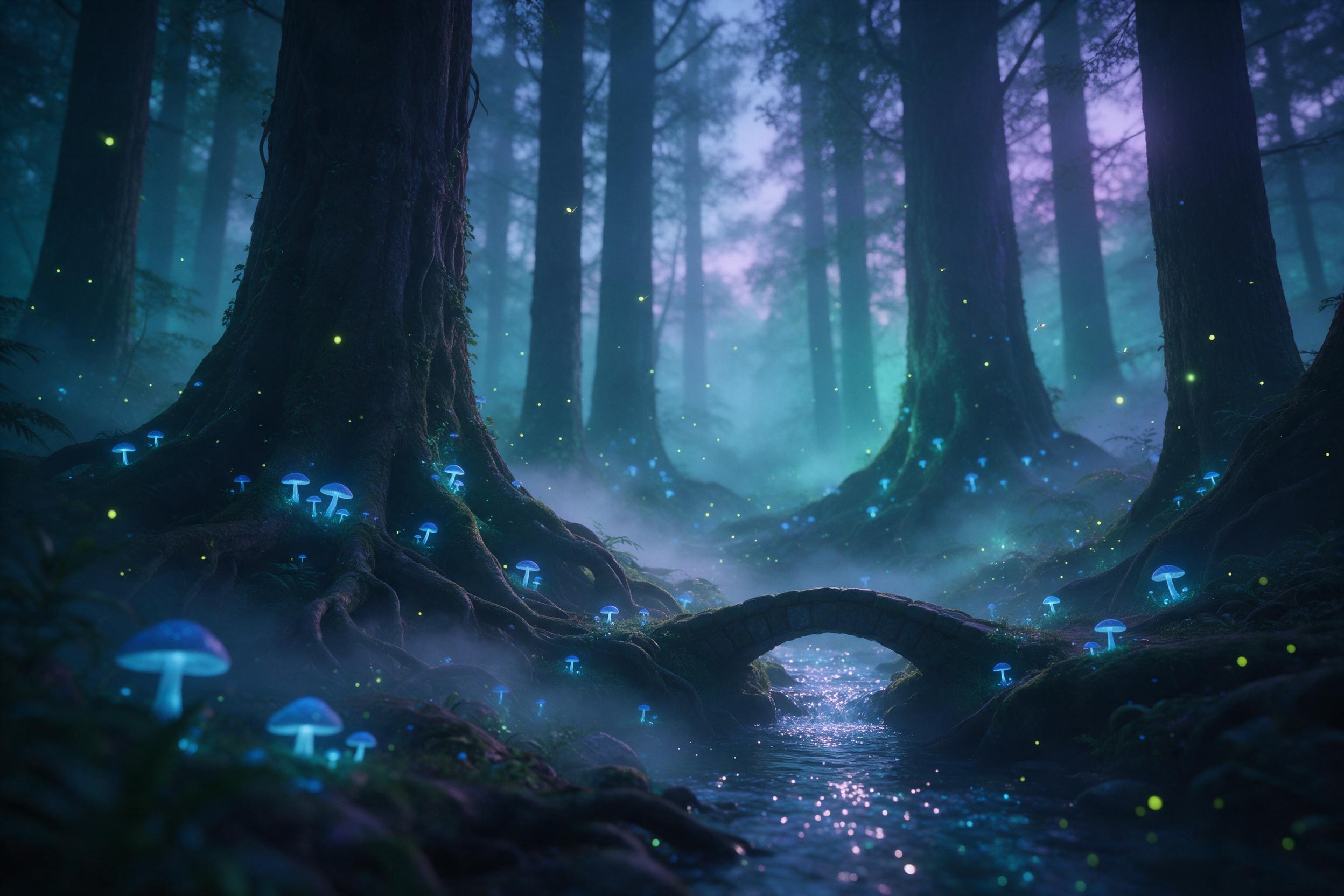 A misty bioluminescent forest at twilight, towering ancient trees with glowing blue mushrooms and fireflies, a small stone bridge over a sparkling stream, soft teal and violet light, mist curling between roots, dreamlike atmosphere, shallow depth of field, gentle haze
