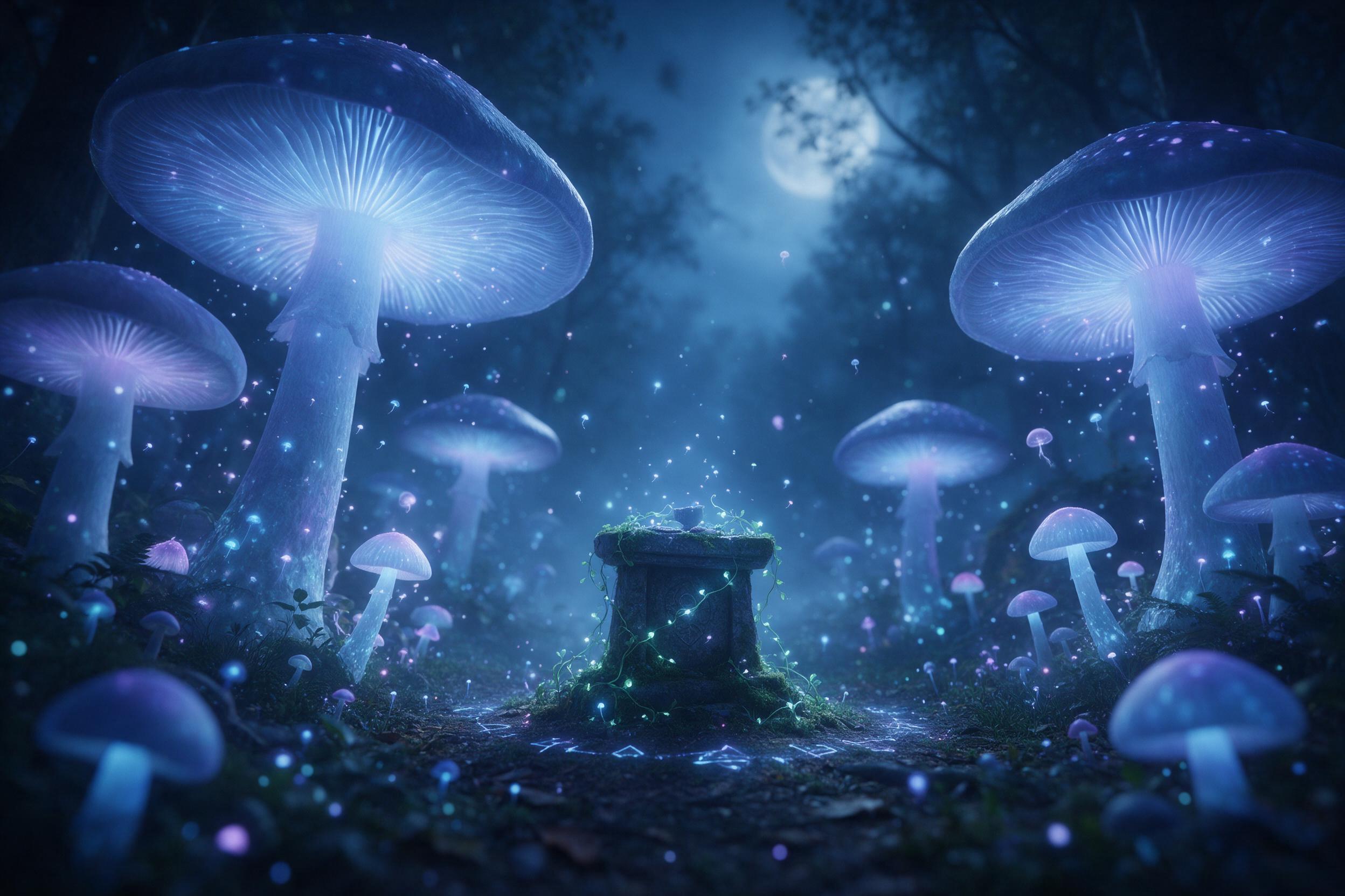 A moonlit forest clearing where giant luminescent mushrooms glow in soft blue and violet hues, their spores drifting like fireflies through misty air. A small stone altar overgrown with moss and glowing vines stands at the center, casting faint runes on the ground. Shot from a low angle, with fog ro
