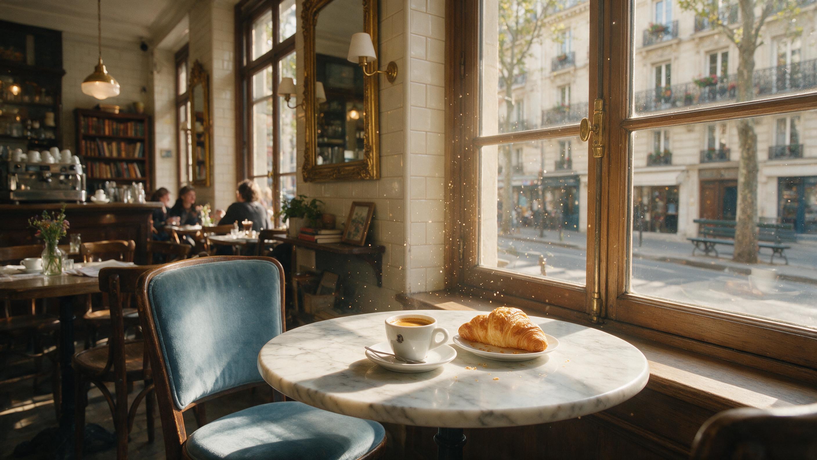 A cozy morning scene in a small Parisian café, warm natural light streaming through a large window, dust motes floating in the air, a single espresso cup on a marble table with a croissant, slight grain, soft shadows, comfortable interior