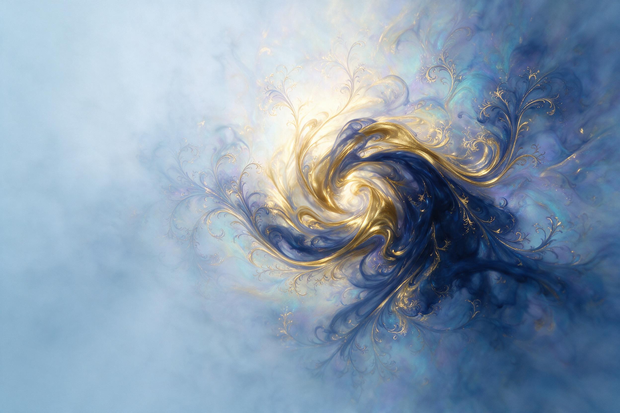 A swirling vortex of liquid gold and deep indigo, merging into delicate fractal patterns with soft gradient transitions. Gentle backlighting creates a dreamy, ethereal glow. Minimalist composition with negative space on the left side.