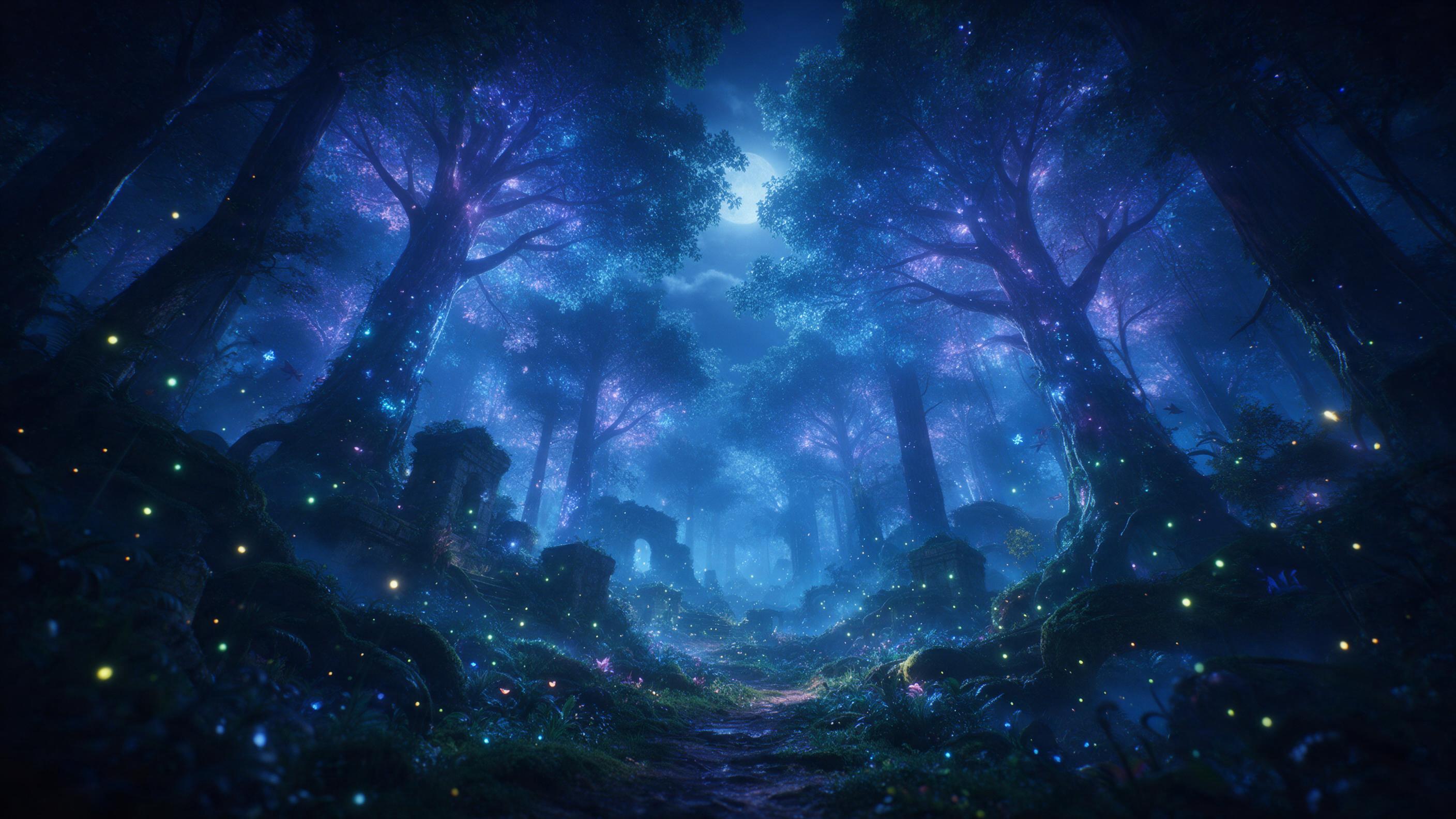 A moonlit enchanted forest with towering bioluminescent trees casting soft blue and violet light on a winding mossy path, glowing fireflies drifting through mist, ancient stone ruins partially overgrown, ethereal atmosphere, low-angle composition emphasizing the towering canopy, cool color palette w