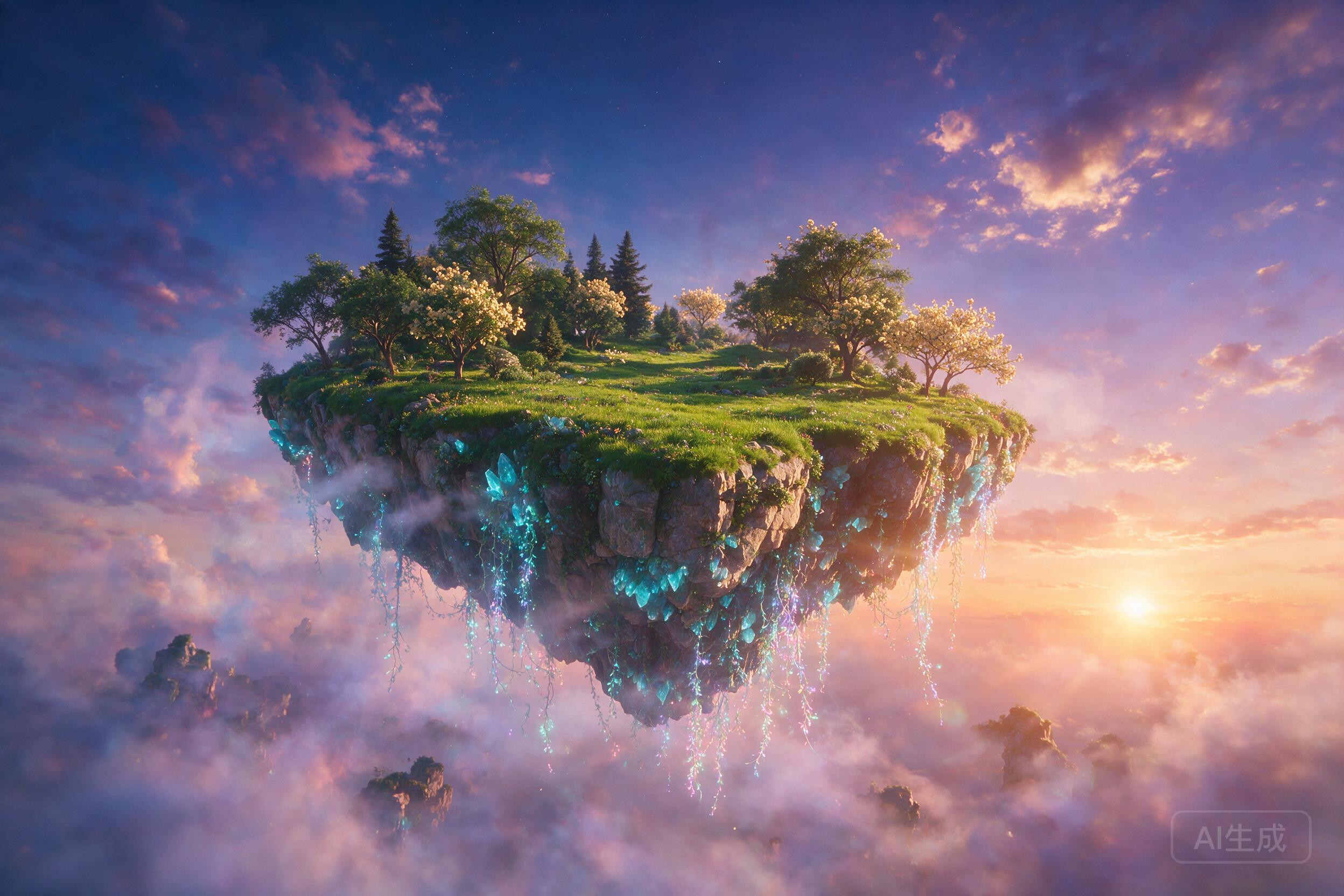 A luminous floating island drifts in a twilight sky, soft bioluminescent vines cascade over crystal cliffs, gentle mist swirls below, warm golden light from a distant sun, ethereal atmosphere, wide angle composition, subtle lens flare, slight vignette.