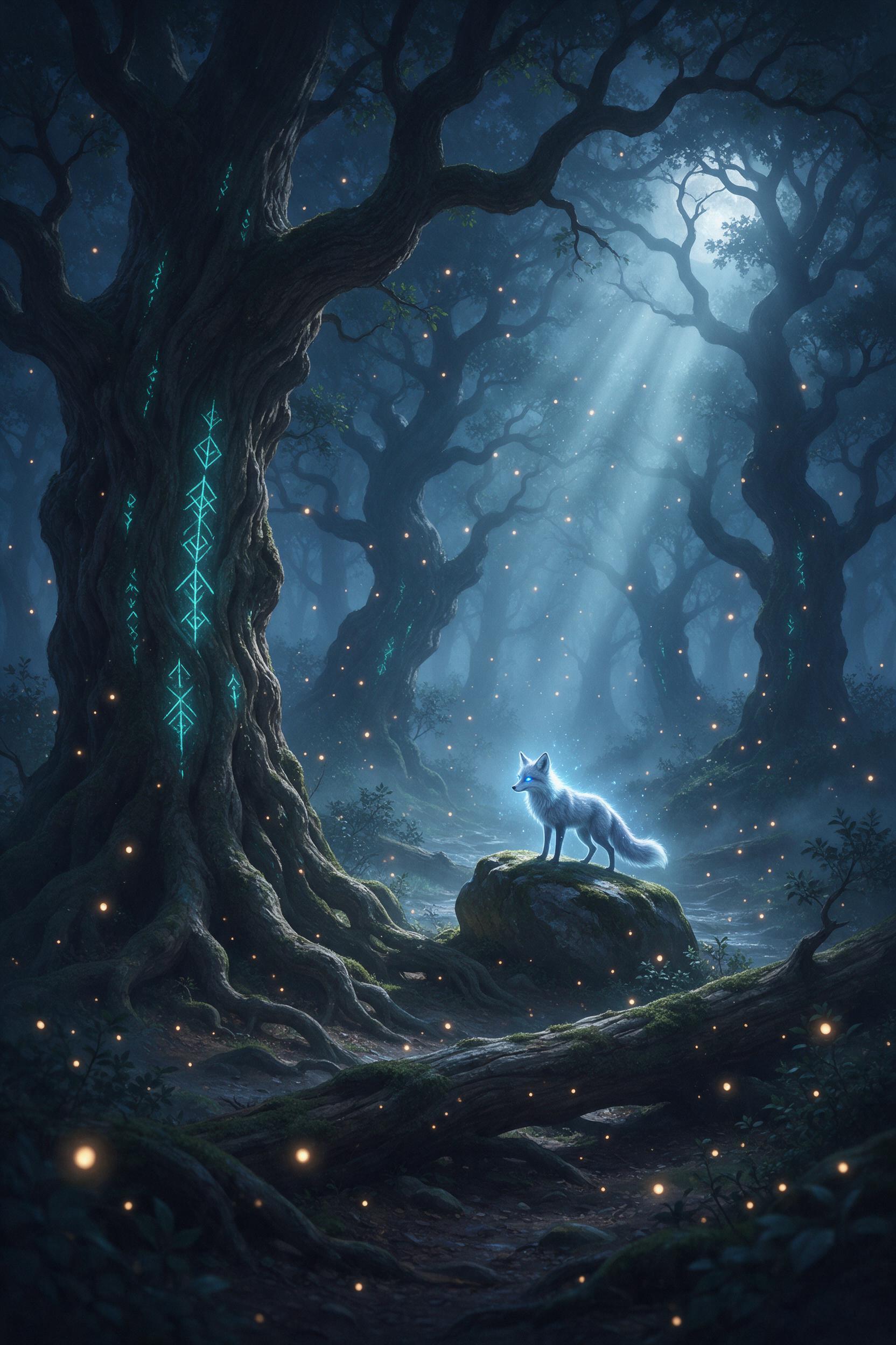 A misty ancient forest, colossal twisted oak trees with glowing teal runes etched into bark, a silver-furred fox with a faint aura stands on a mossy stone, moonlight breaks through canopy, soft volumetric rays, floating spores like fireflies, deep blues and greens, ethereal and serene, painted style