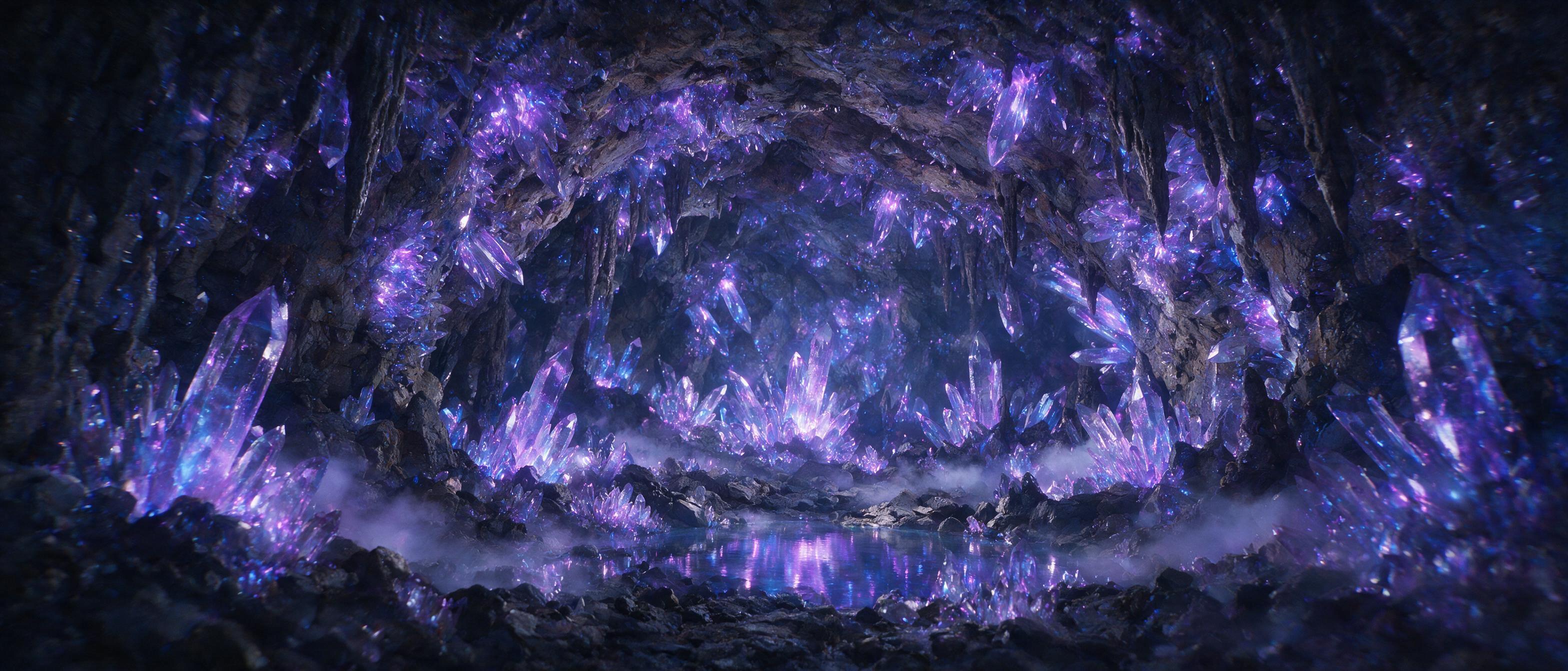 A luminous crystal cave deep underground, glowing purple and blue veins of light running through translucent quartz formations, a small pool of still water reflecting the ethereal glow, soft mist rising, cinematic lighting with shadows from the crystals, slight camera shake effect.