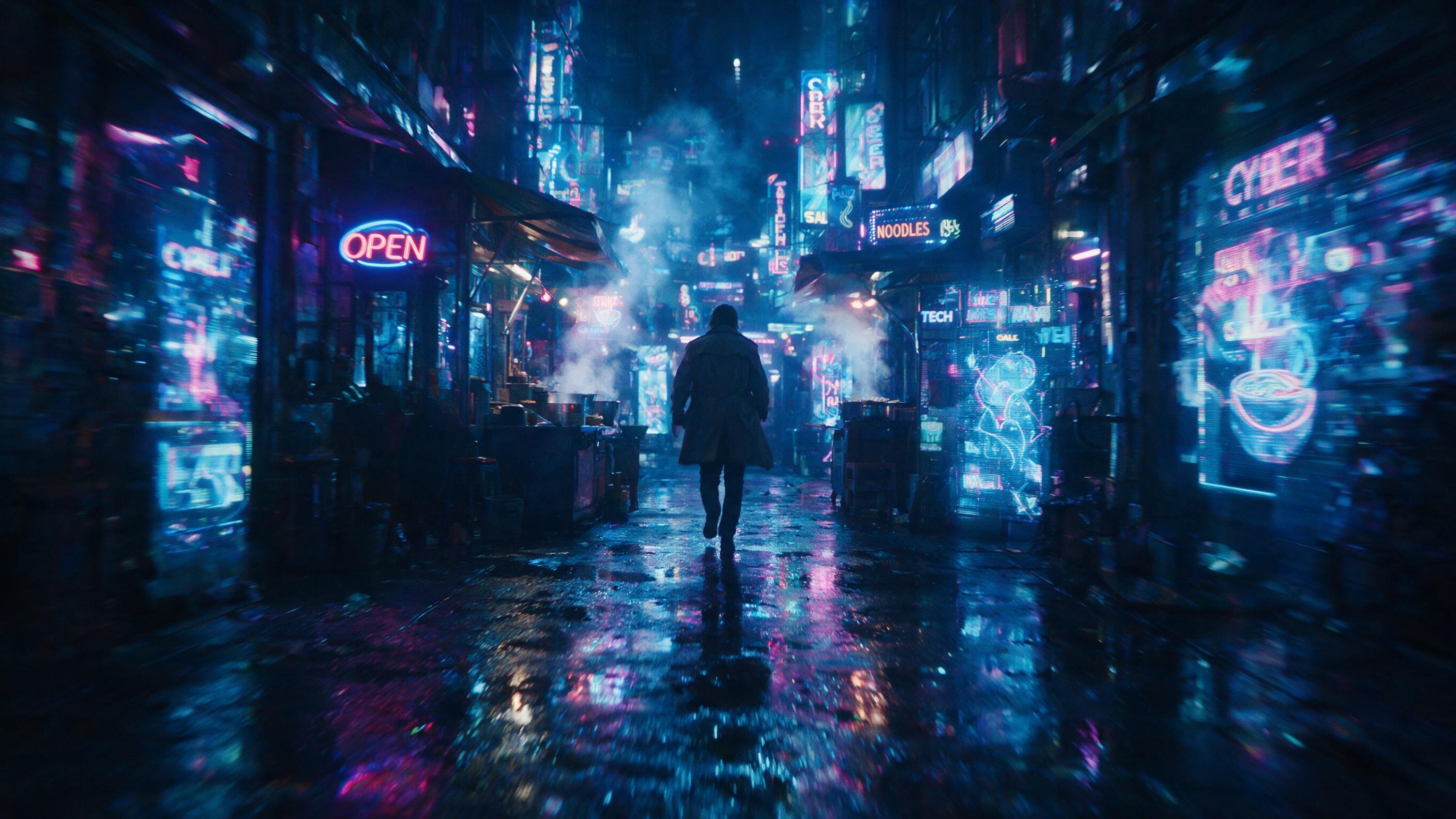 A neon-lit cyberpunk market alley at midnight, rain-slicked pavement reflecting holographic ads, steam rising from a food stall, a lone figure in a trench coat walks away, blurred motion, cool blue and magenta tones, shallow depth of field, cinematic lighting, slight camera shake.