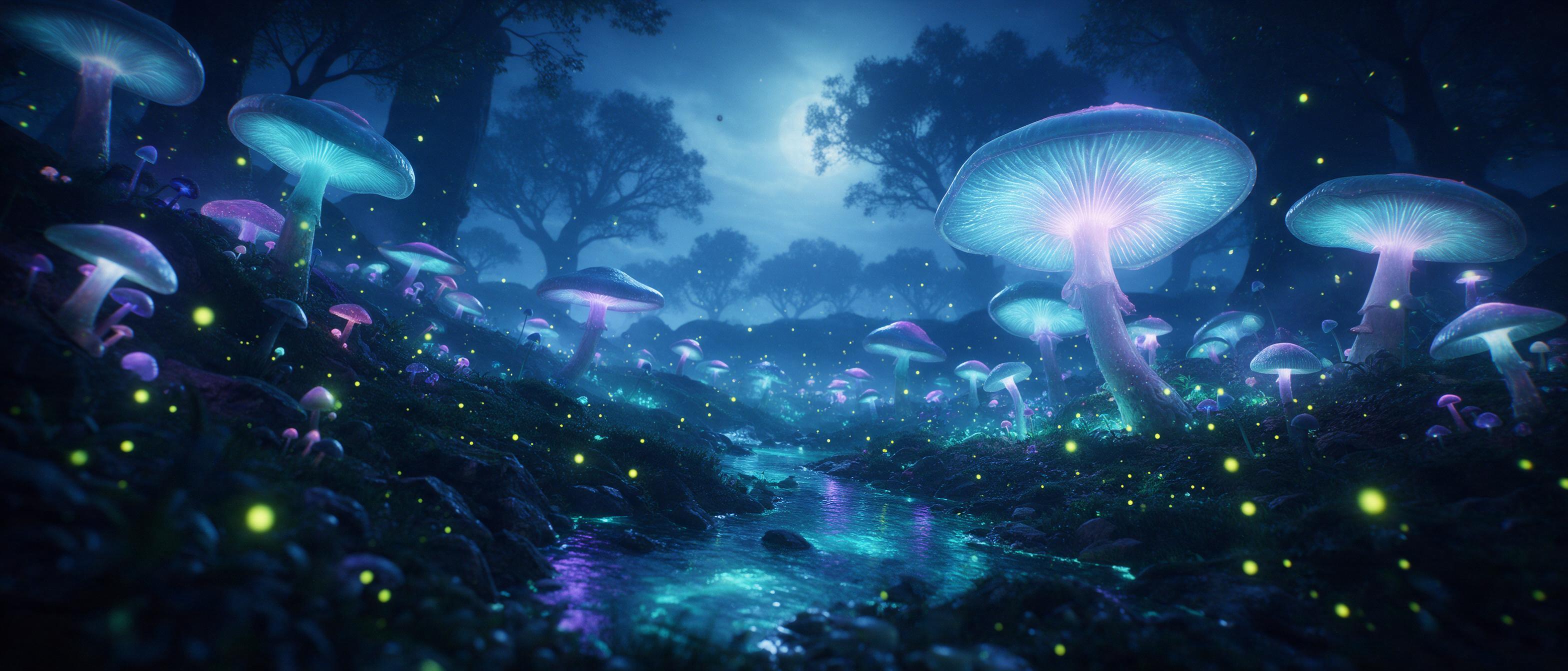 A moonlit bioluminescent forest, giant glowing mushrooms with translucent caps, winding streams reflecting cyan and violet light, fireflies drifting, misty air, silhouettes of ancient trees, cinematic composition, low camera angle, soft ambient glow, rich texture, sense of wonder.
