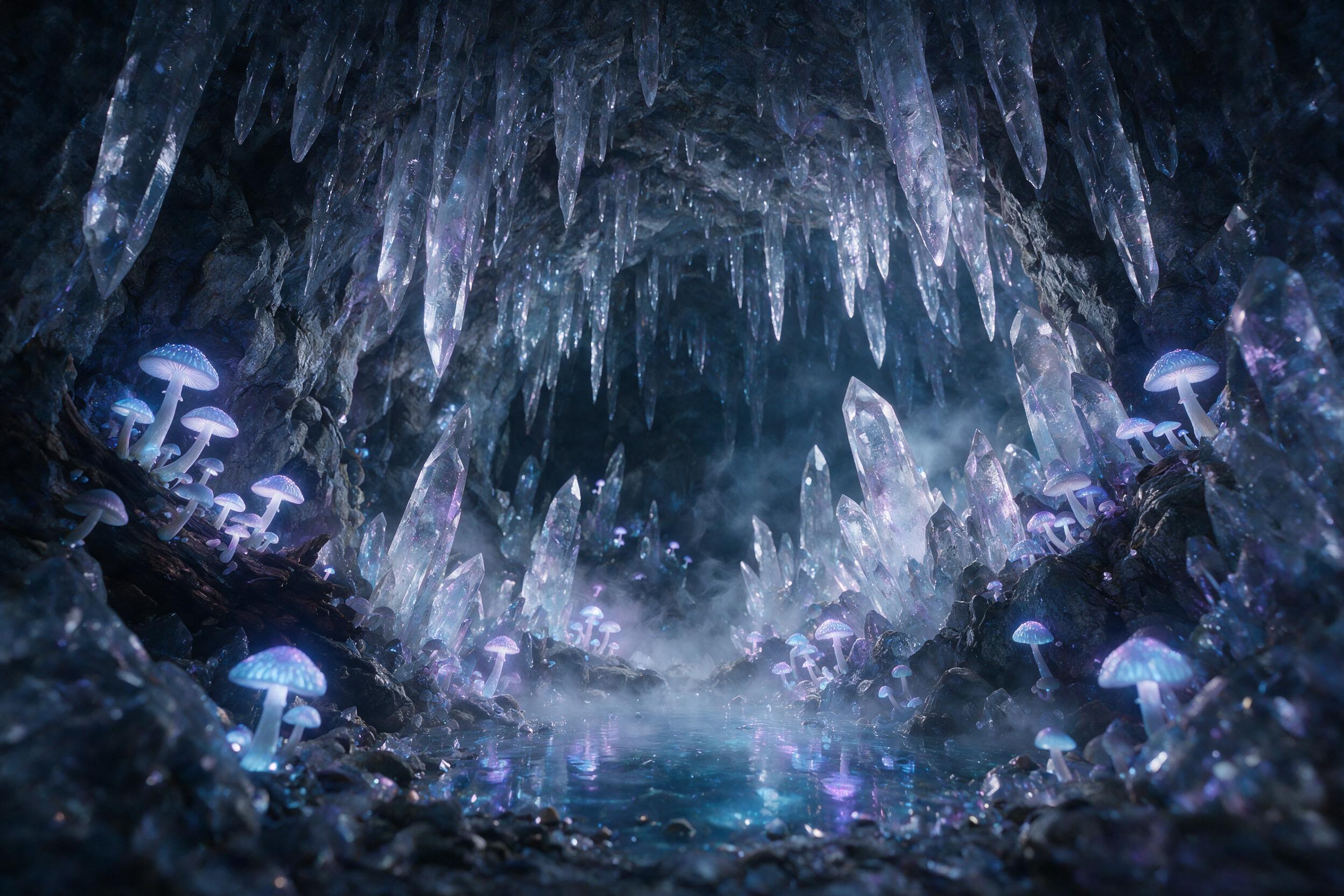 A luminous crystal cave deep underground, bioluminescent mushrooms casting soft blue and purple light on stalactites, a small shimmering pool reflecting the glow, ethereal mist swirling, low angle view, cinematic lighting with soft shadows
