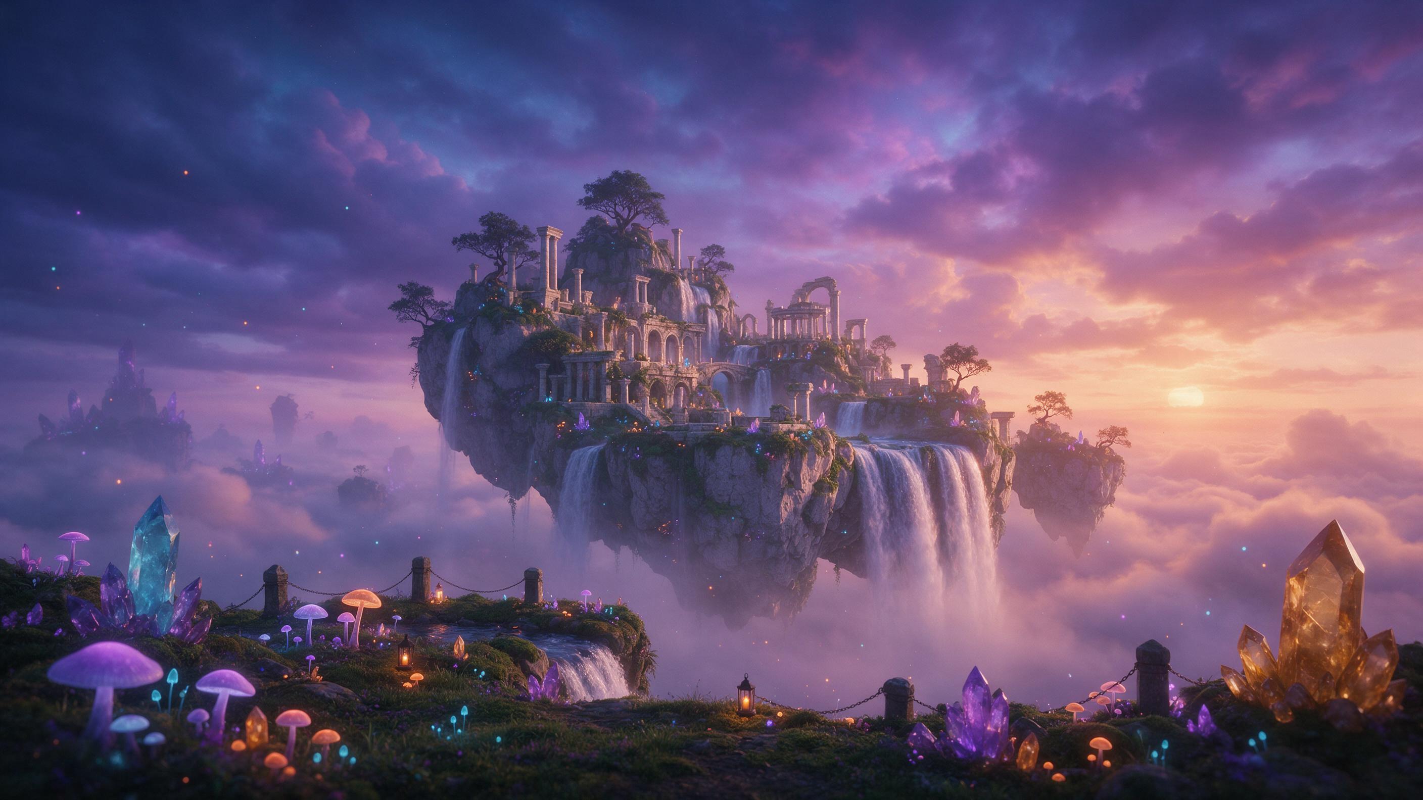 An ethereal floating island in a twilight sky, glowing crystals and cascading waterfalls, ancient ruins with moss, bioluminescent flora, misty clouds below, warm orange and cool purple hues, dramatic rim light from a hidden moon, cinematic composition, wide-angle view