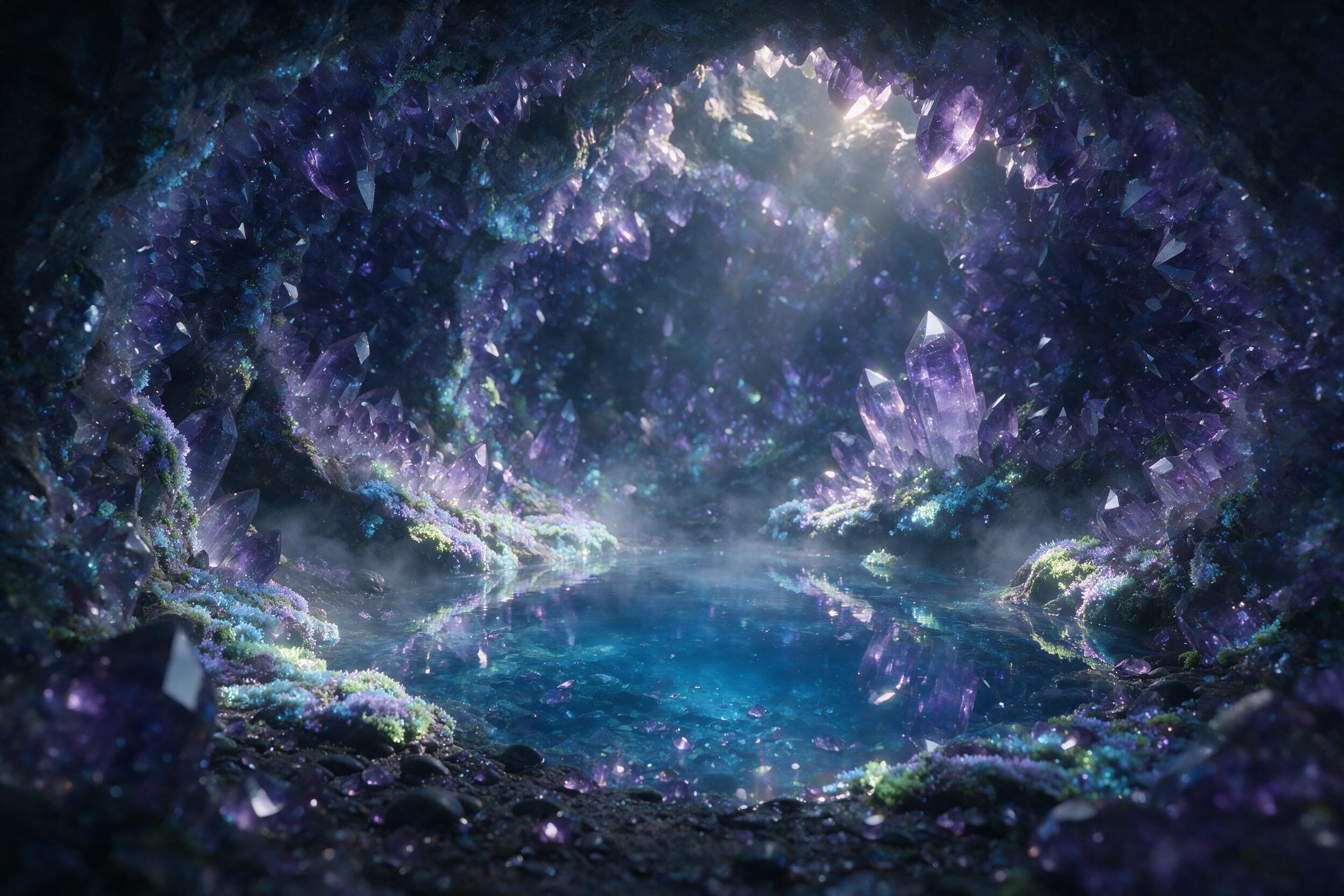 A luminous crystal cave deep underground, bioluminescent moss clinging to jagged amethyst walls, a faint mist swirling around a glowing blue pool at the center, soft light rays filtering through cracks above, ethereal and serene atmosphere, slight lens flare, shallow depth of field focusing on the p
