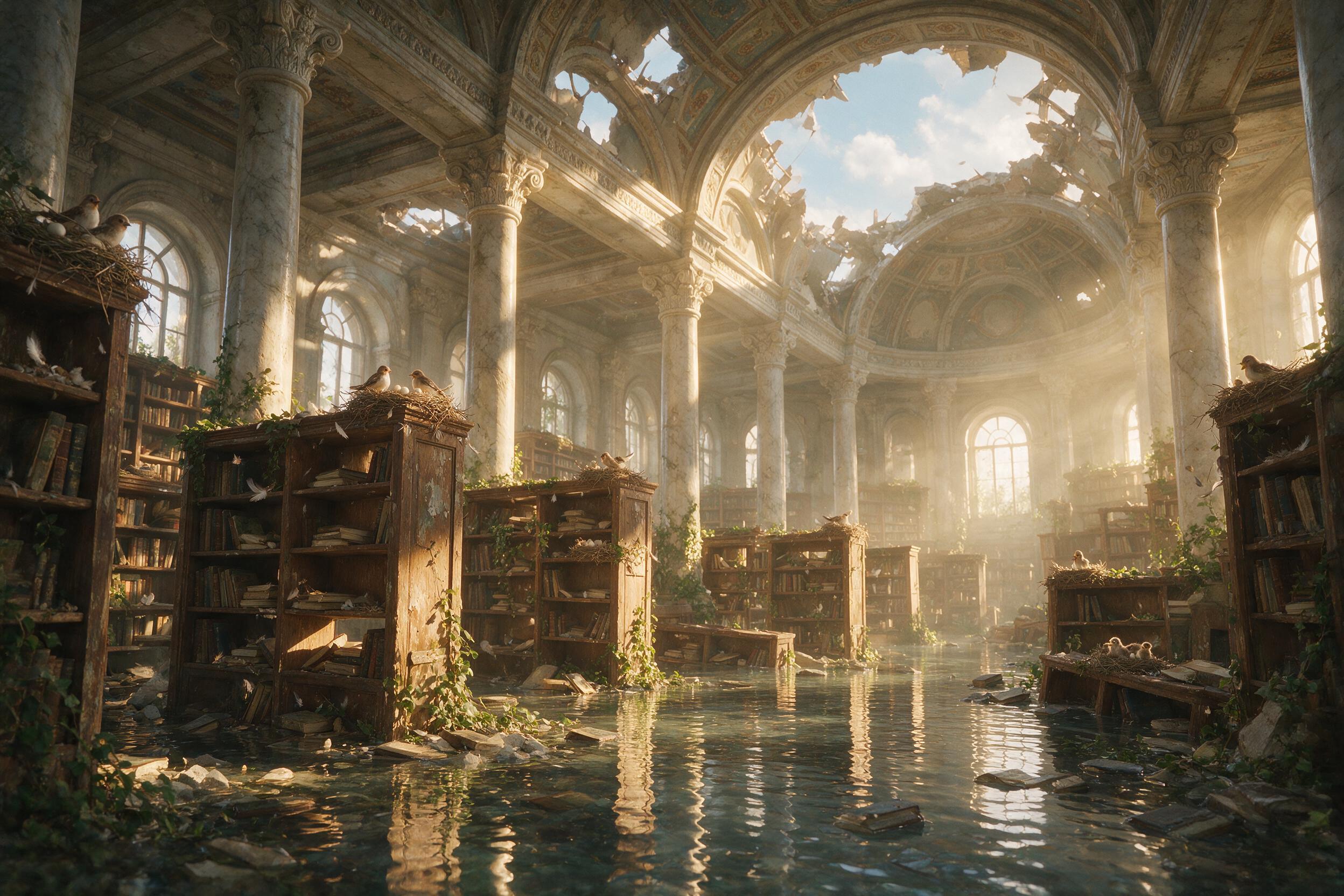 A wide-angle view of an abandoned library in a flooded city, sunlight filtering through dusty air and broken ceiling, birds nested on submerged shelves, calm water reflects ornate columns, natural decay, soft golden hour glow, subtle water ripples, atmospheric perspective.