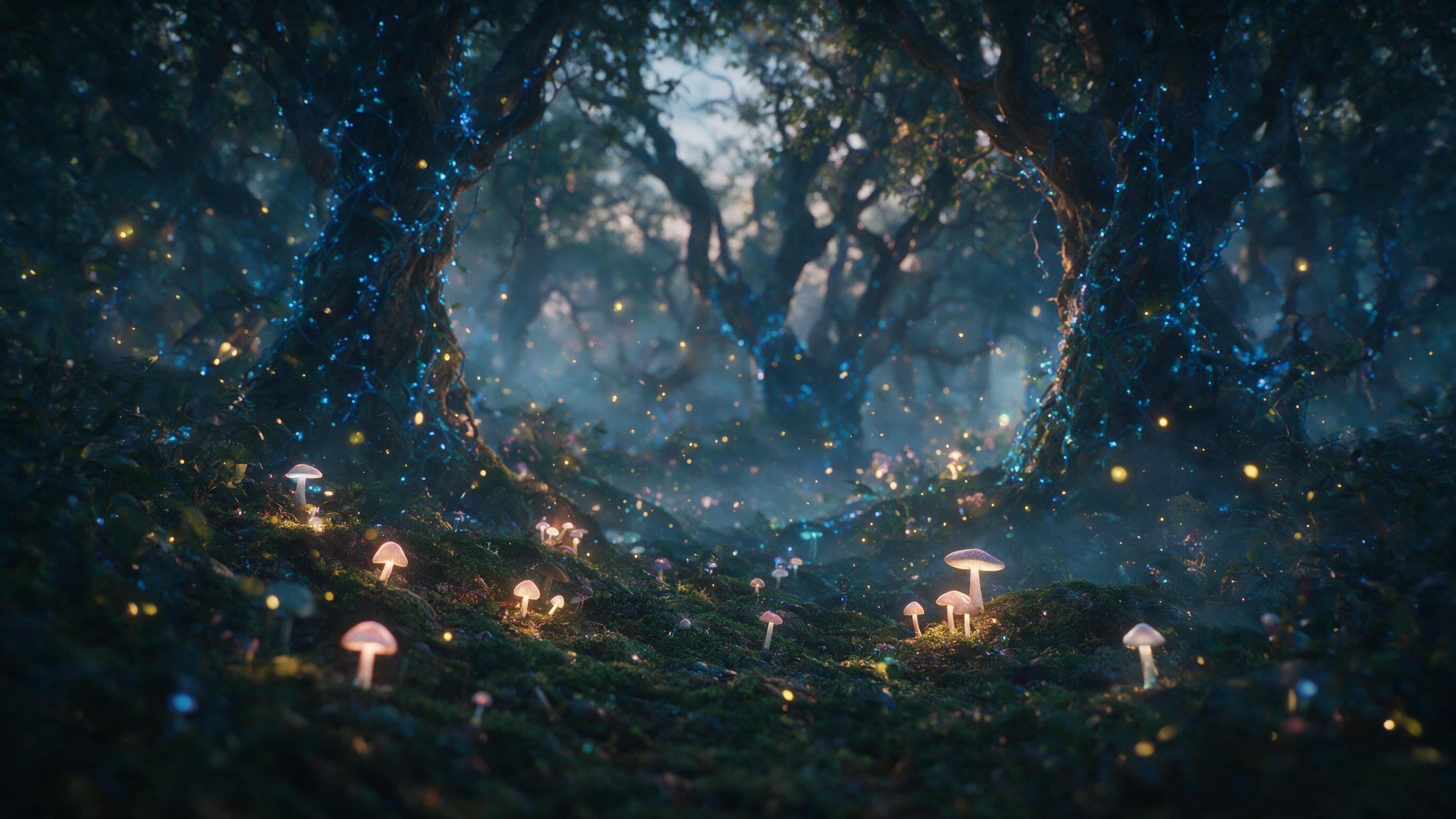 Enchanted forest at twilight, glowing mushrooms scattered on mossy ground, ancient gnarled trees with luminous blue vines, soft mist weaving through the undergrowth, warm golden fireflies floating in the air, cinematic composition with shallow depth of field, natural lighting from bioluminescence, s