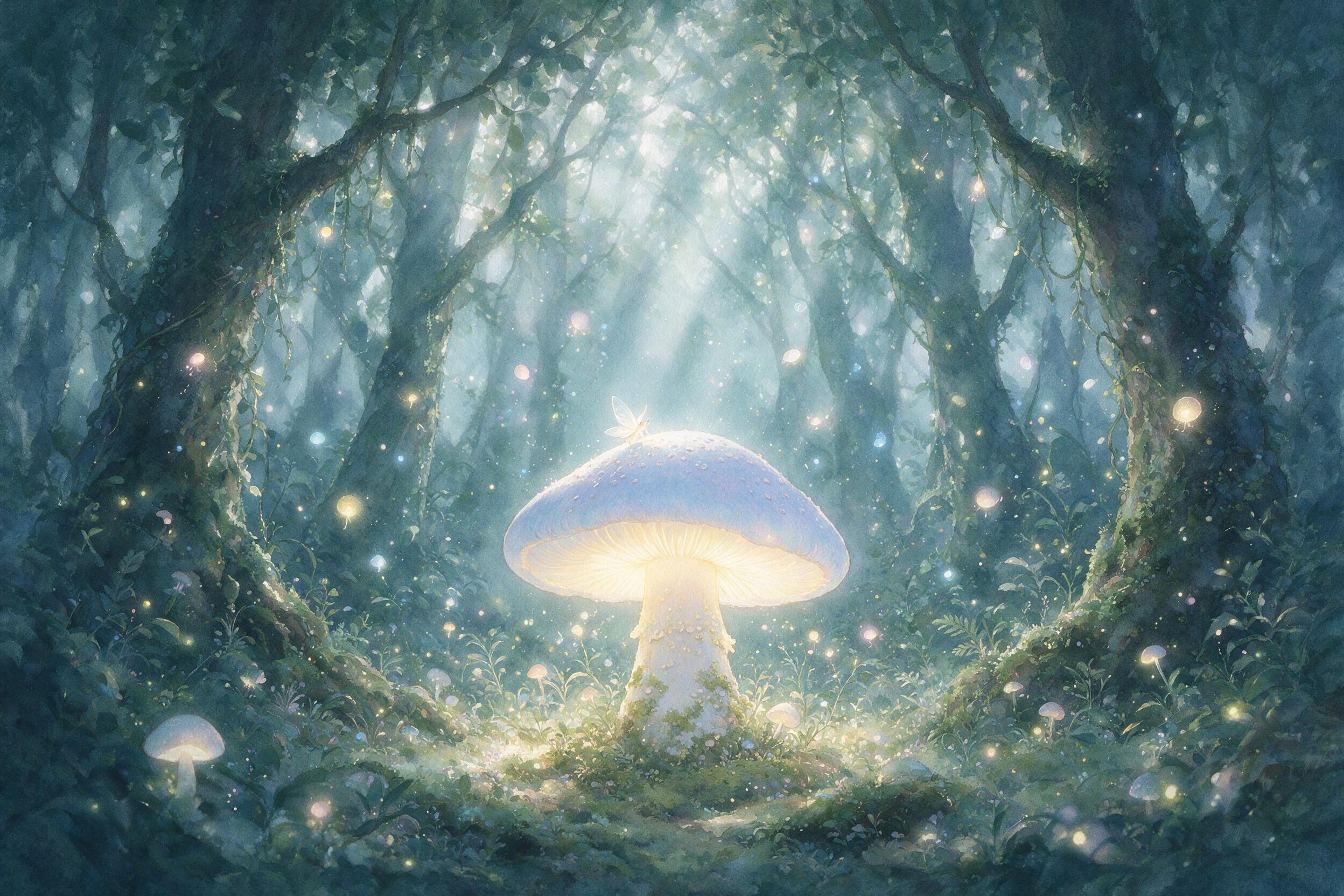 An ethereal fairy with translucent wings rests on a glowing mushroom under a canopy of ancient trees, soft bioluminescent spores drift through the air, moonlight filters through the mist, shallow depth of field, watercolor textures, gentle color palette
