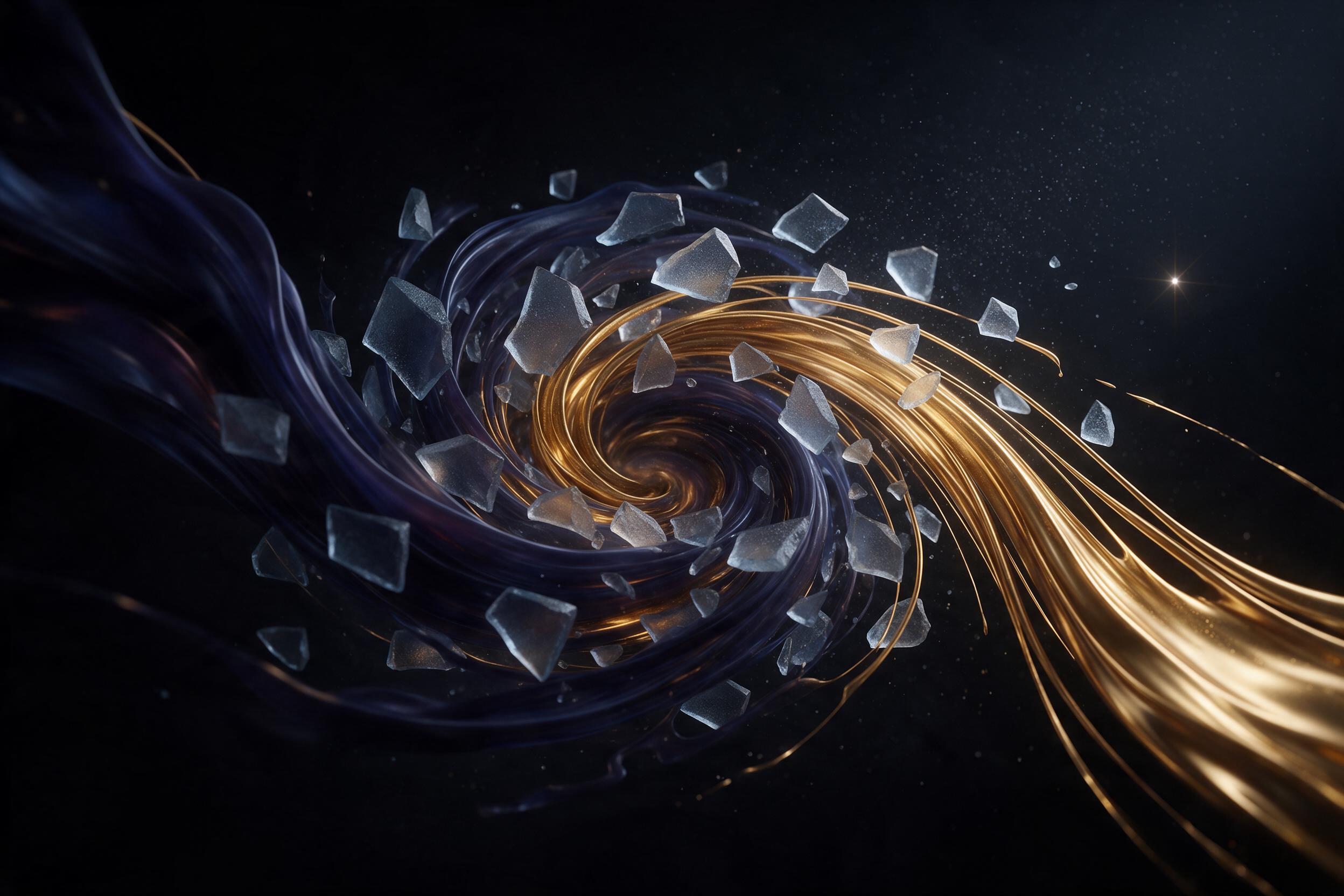 Swirling ribbons of molten gold and deep indigo collide in a dark void, forming a dynamic vortex. Sharp geometric shards of frosted glass intersect the flow, catching a subtle cool rim light. Fine mist particles hang in the air, barely illuminated by a single distant point of light. Minimalist compo