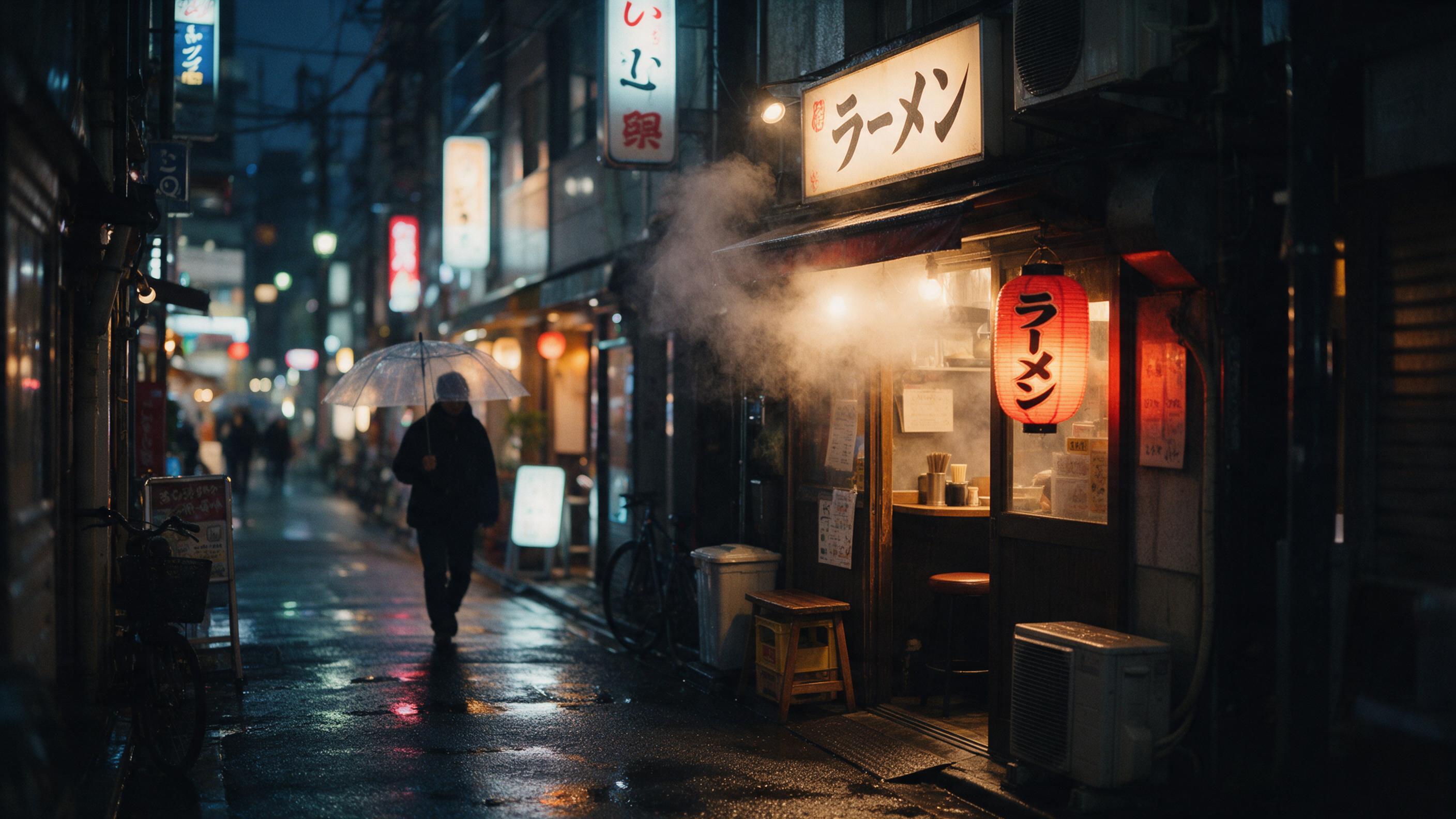 Cozy rainy evening on a narrow Tokyo street, warm glow from a tiny ramen shop, steam rising, wet pavement reflecting neon signs, a lone pedestrian with a transparent umbrella, shallow depth of field, natural low light, slight grain.