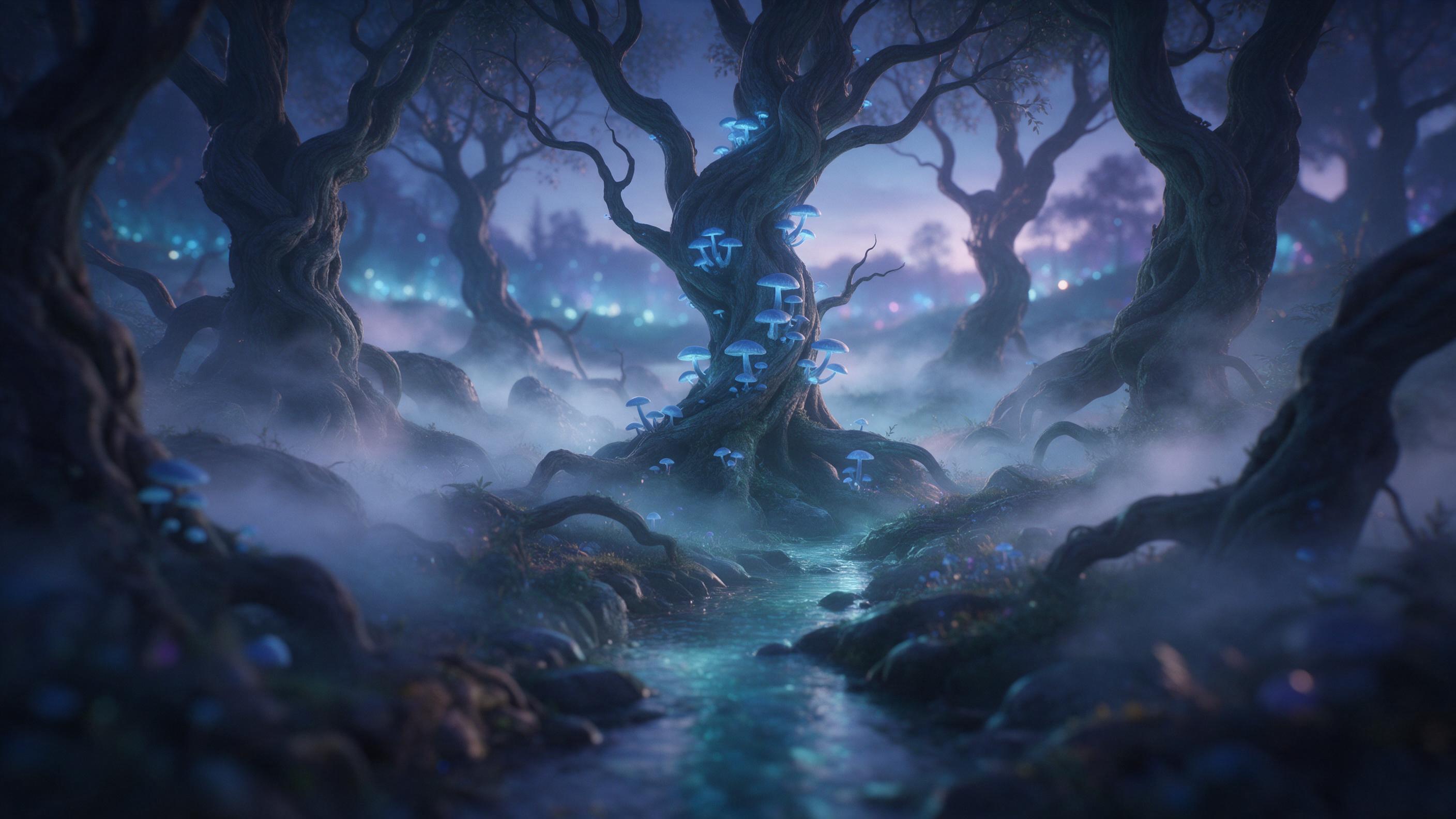 A glowing bioluminescent forest at twilight, ancient twisted trees with luminous blue mushrooms, a small crystal-clear stream reflecting teal light, ethereal mist weaving between trunks, soft blue and violet color palette, gentle volumetric lighting, cinematic depth of field, tranquil and magical at