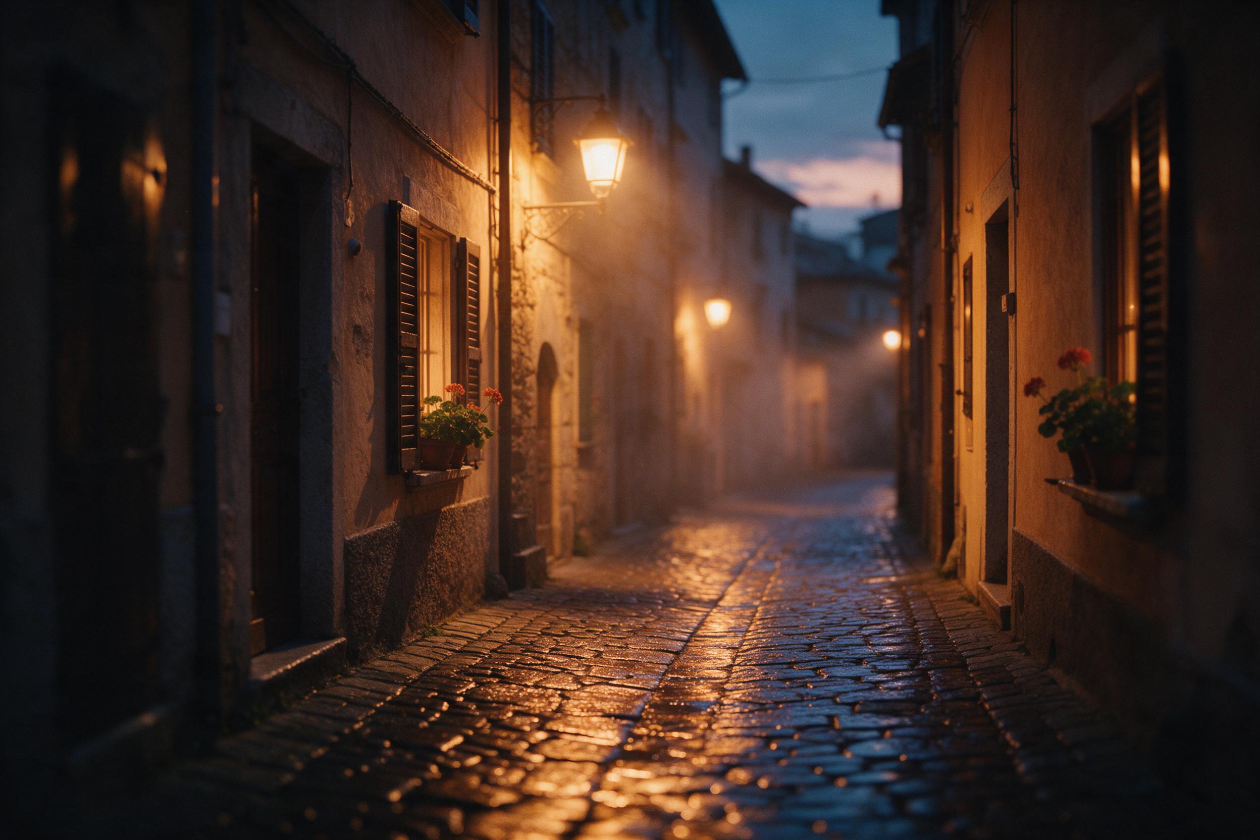 A narrow cobblestone alley in an old European town at dusk, warm glowing street lamps casting soft pools of light, wet stones reflecting amber and deep blue tones, a few potted geraniums on windowsills, subtle haze in the air, shallow depth of field focusing on the middle distance, gentle film grain