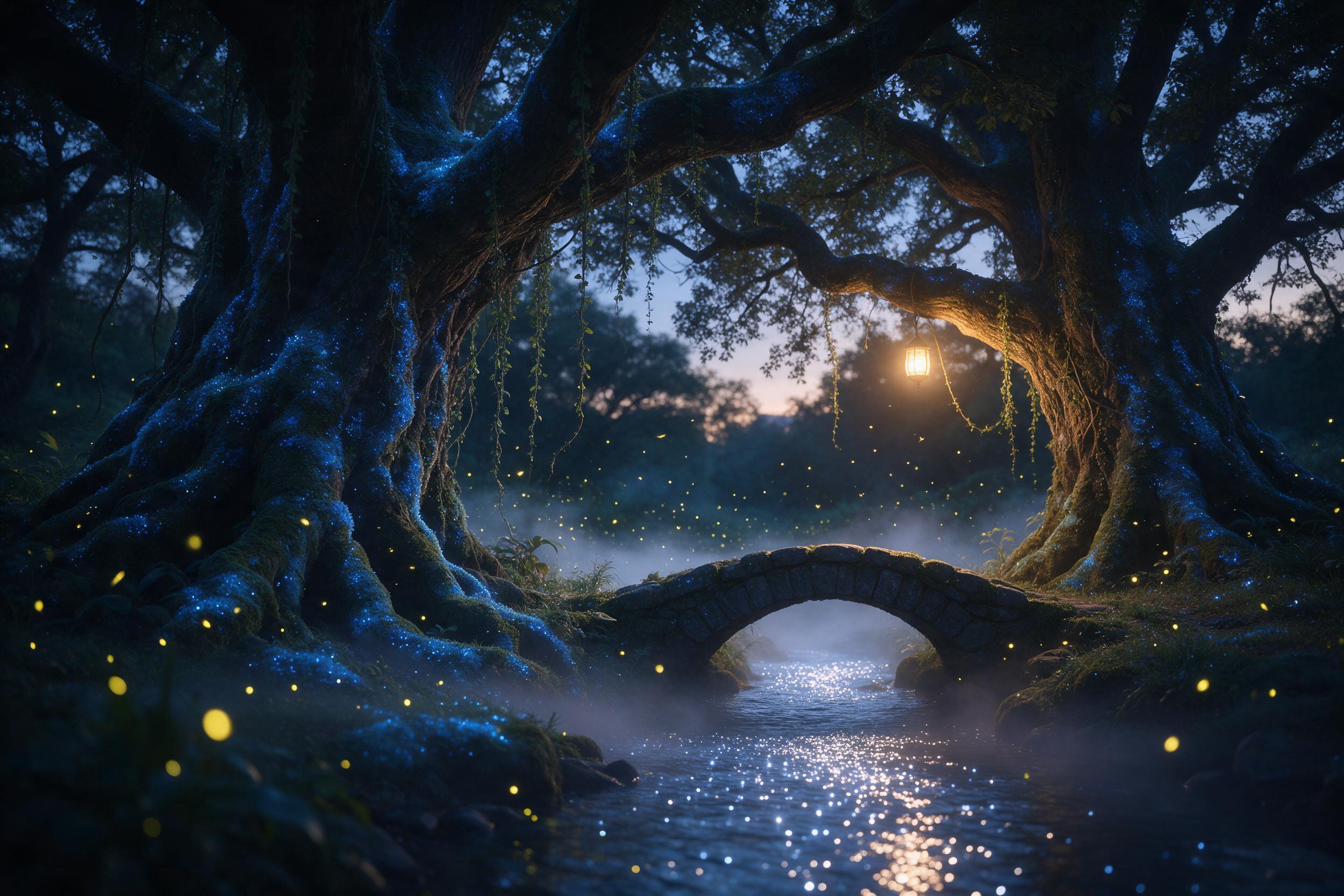 A secluded woodland glade at twilight, where massive ancient trees have glowing blue moss and hanging vines, a small stone bridge arcs over a stream that shimmers with silver light, fireflies dance in the air, soft fog rolls over the water, warm golden light spills from a lantern hanging under the b