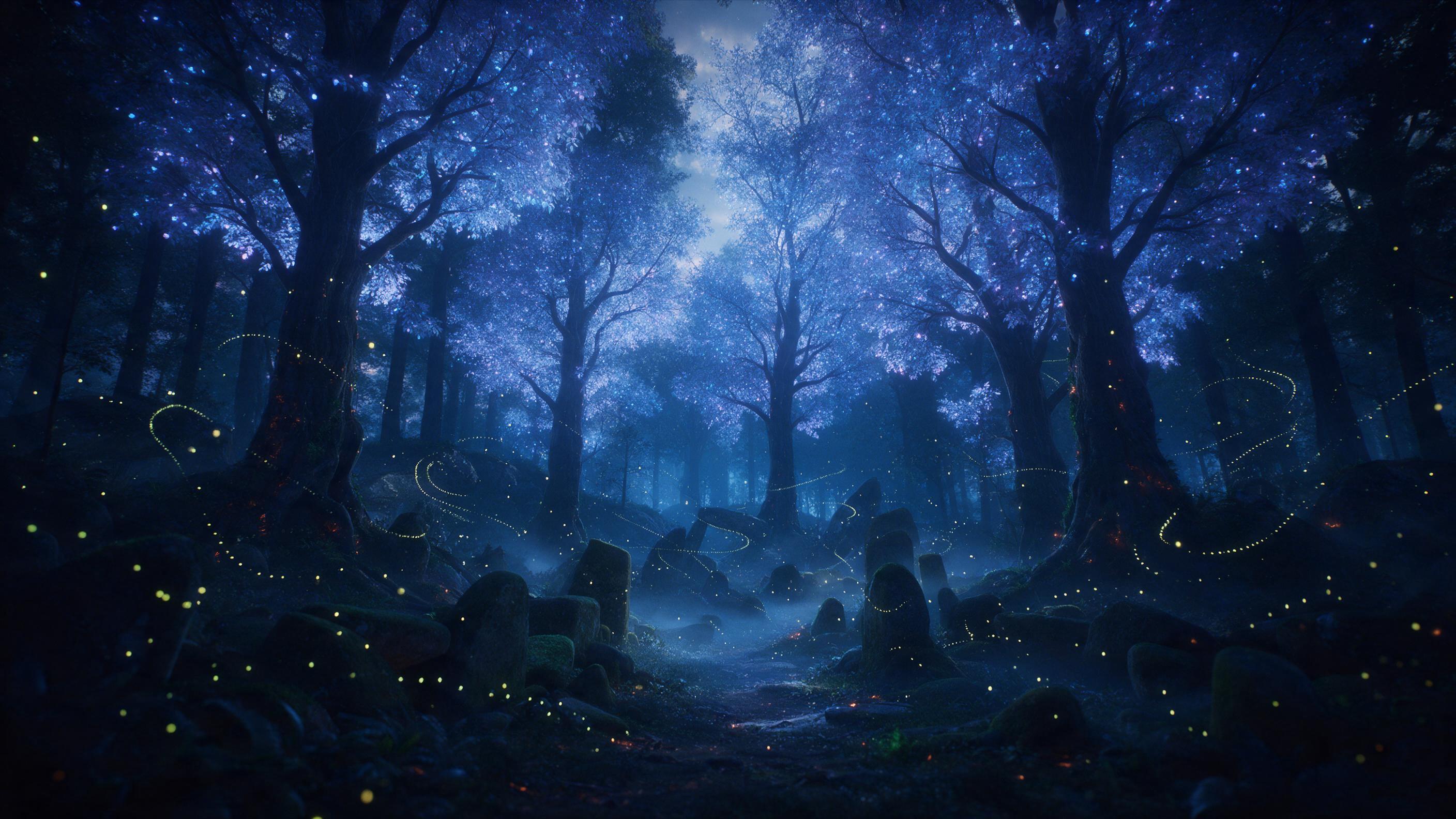 A twilight forest with towering bioluminescent trees, their leaves glowing soft blue and violet, a misty path winding between ancient moss-covered stones, fireflies drifting in spirals, dappled moonlight filtering through the canopy, deep shadows with subtle orange embers, wide-angle composition emp