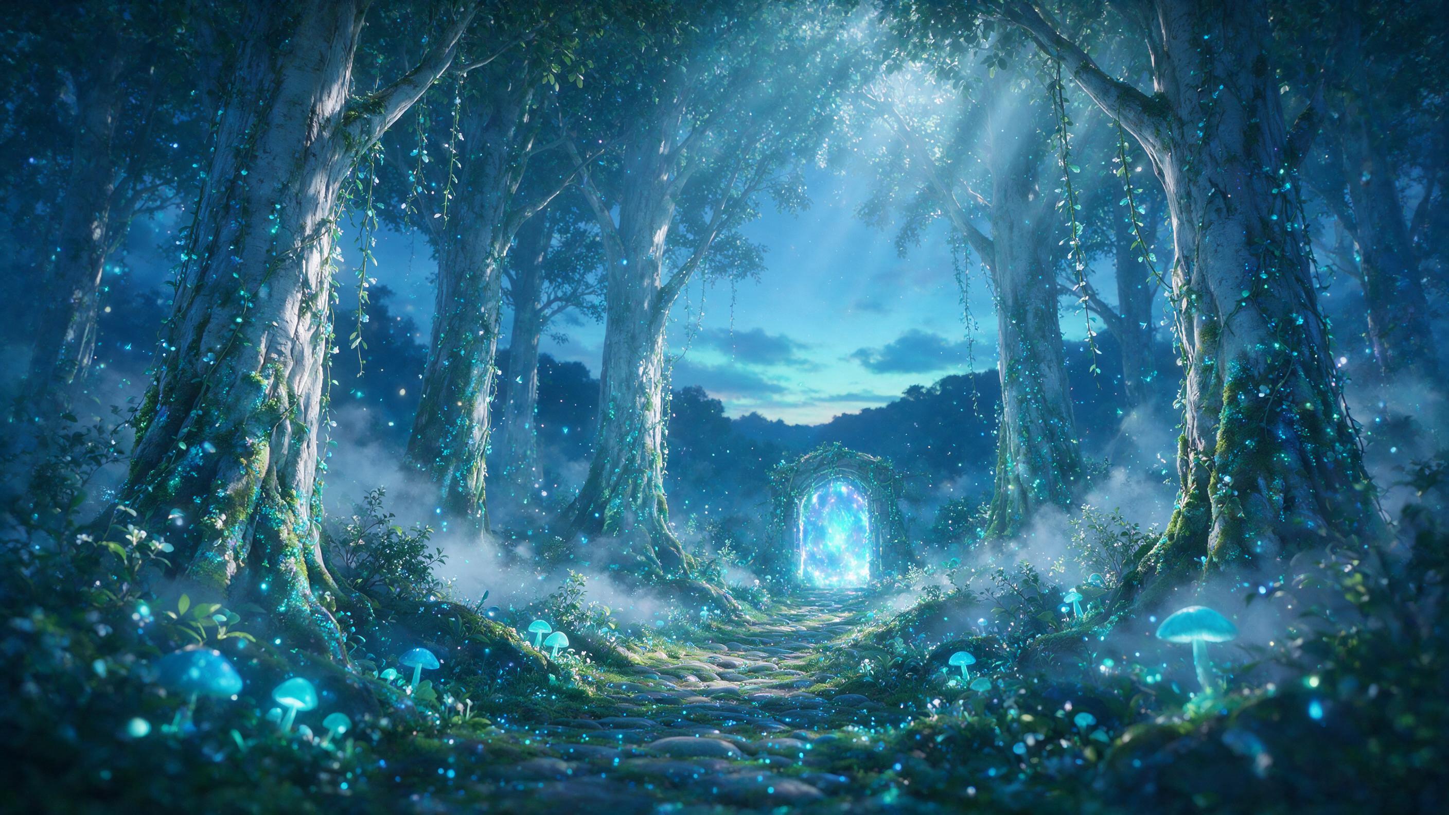 A glowing bioluminescent forest at dusk, massive ancient trees with silver bark, floating spores like fireflies, a winding path of mossy stones leading to a distant glowing portal, soft mist between trunks, cool blue and teal palette, ethereal light rays filtering through canopy, gentle depth of fie