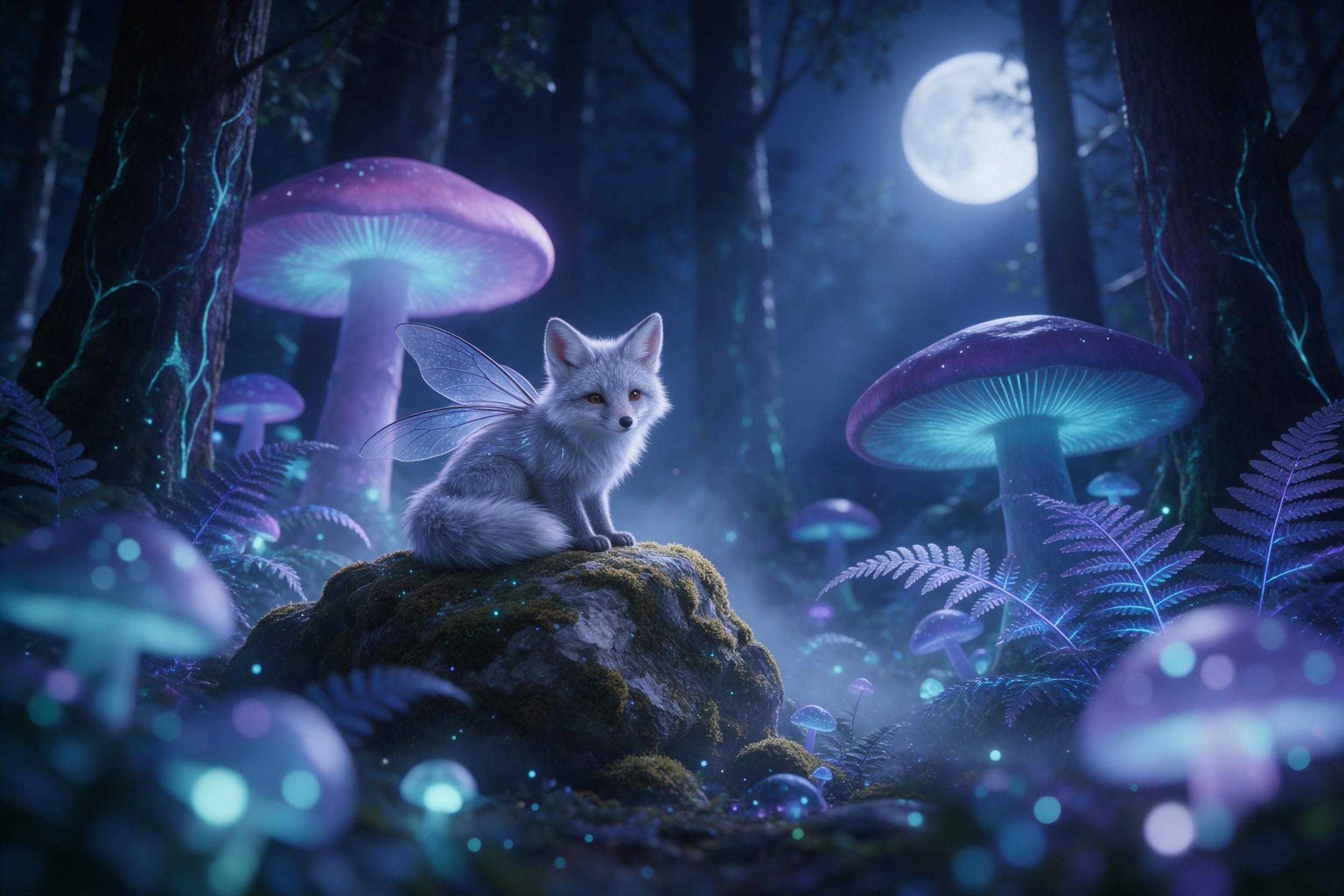 A moonlit bioluminescent forest, giant glowing mushrooms and ferns, a tiny fox with translucent wings perched on a mossy rock, soft teal and violet light, gentle mist, depth of field with foreground bokeh, ethereal and serene mood