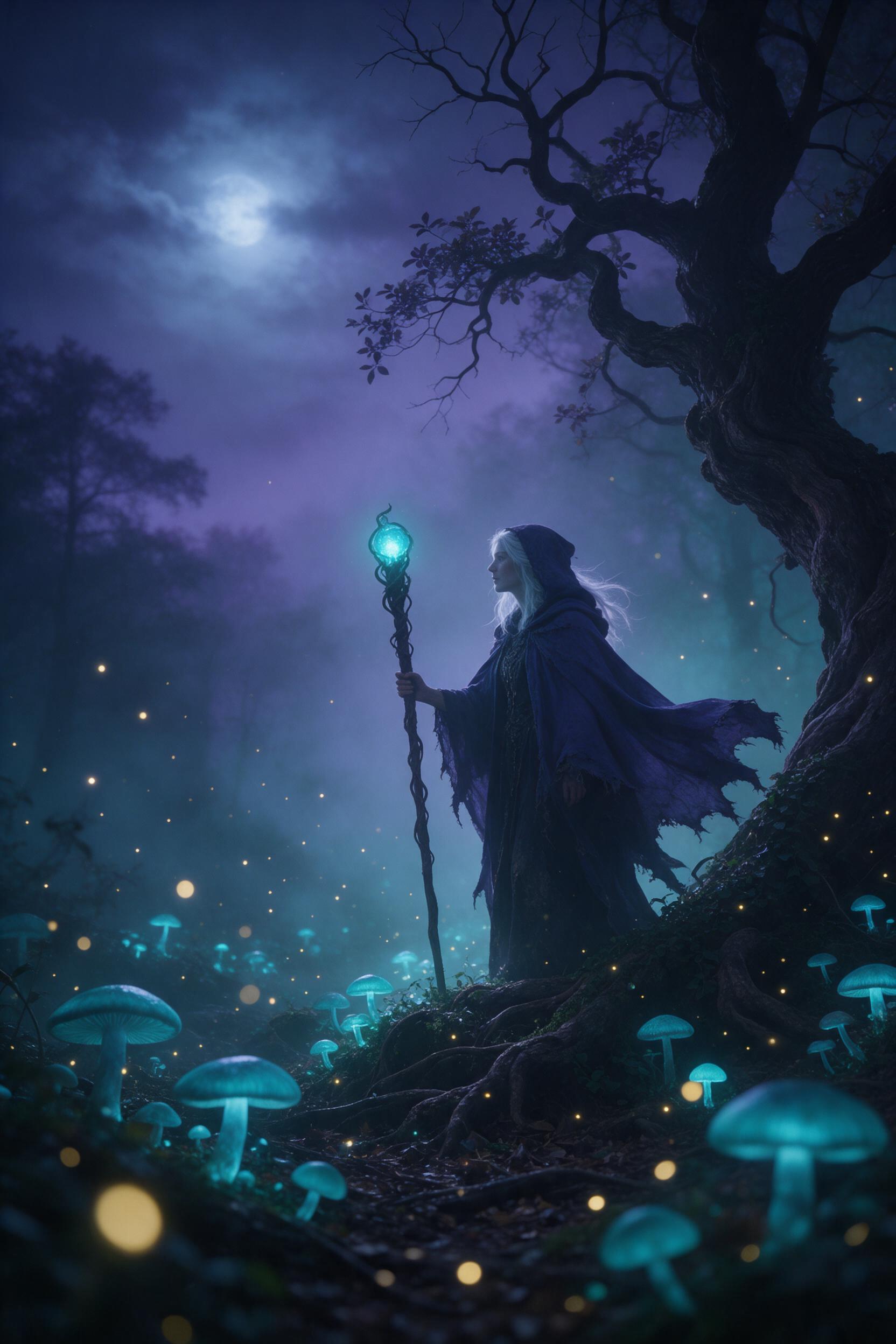 A misty midnight forest glowing with bioluminescent blue mushrooms and floating fireflies, a silver-haired witch in a tattered cloak stands beneath an ancient twisted oak, holding a glowing staff; ethereal moonlight filters through fog, violet and teal color palette, shallow depth of field, mysterio