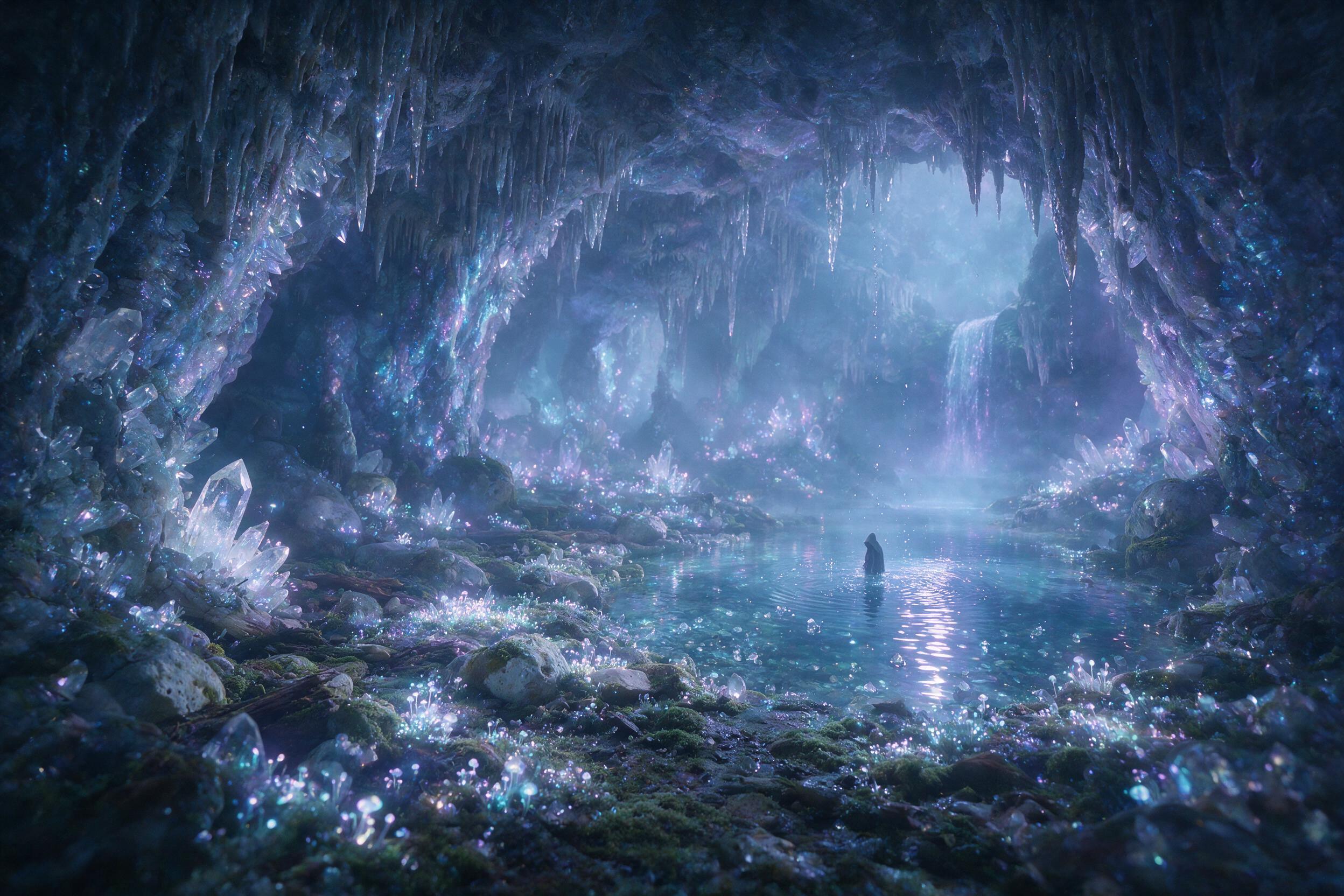 A luminous crystal cave, glowing bioluminescent fungi carpeting the floor, a lone hooded figure stands near a shimmering pool, soft blue and purple light, intricate stalactites, magical atmosphere, wide-angle composition.