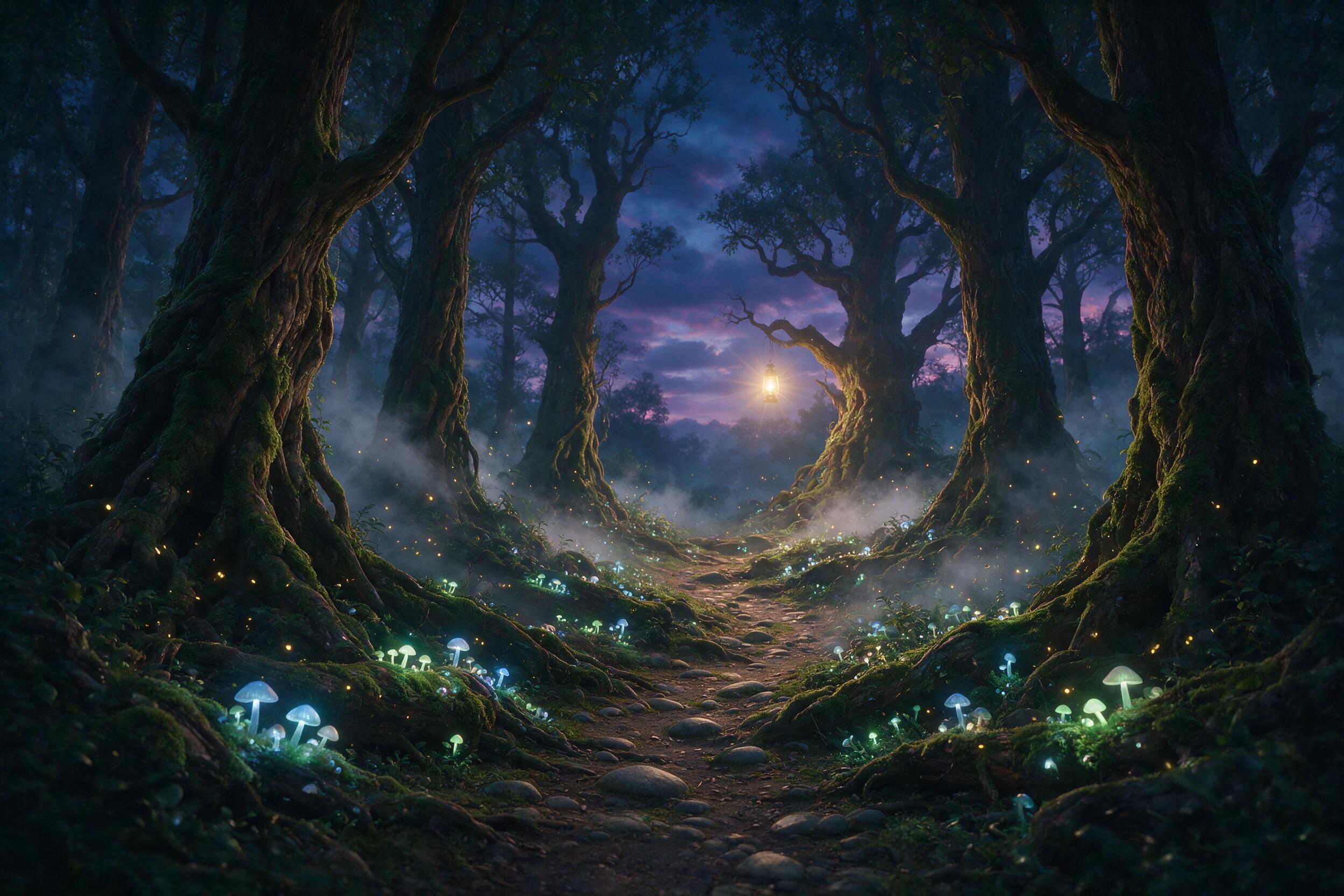 A mystical forest at twilight, glowing mushrooms illuminate the path, ancient trees with twisted roots, soft mist drifting between the trunks, fireflies floating in the air, warm golden light from a distant lantern, ethereal atmosphere, dreamy composition, slight lens flare, natural color palette wi