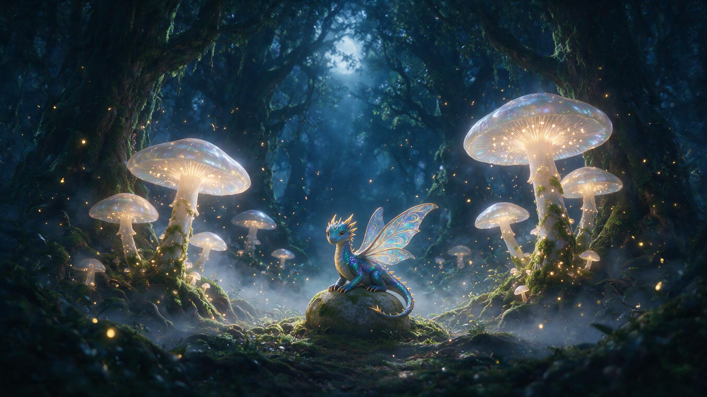 A moonlit ancient forest clearing, giant glowing mushrooms with translucent caps, a small dragon with iridescent blue scales perched on a mossy stone, soft mist weaving between gnarled roots, fireflies drifting like living stars, deep blue and violet palette with warm golden highlights, gentle volum
