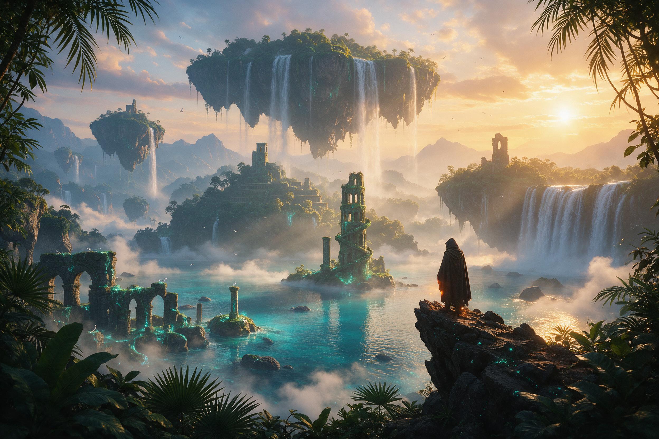 A hidden valley where floating islands cascade with waterfalls into a glowing turquoise lake, ancient stone ruins overgrown with luminescent moss, a lone figure in a cloaked hood standing on a rocky outcrop, warm golden sunset light through mist, dramatic perspective with layered depth, atmospheric 