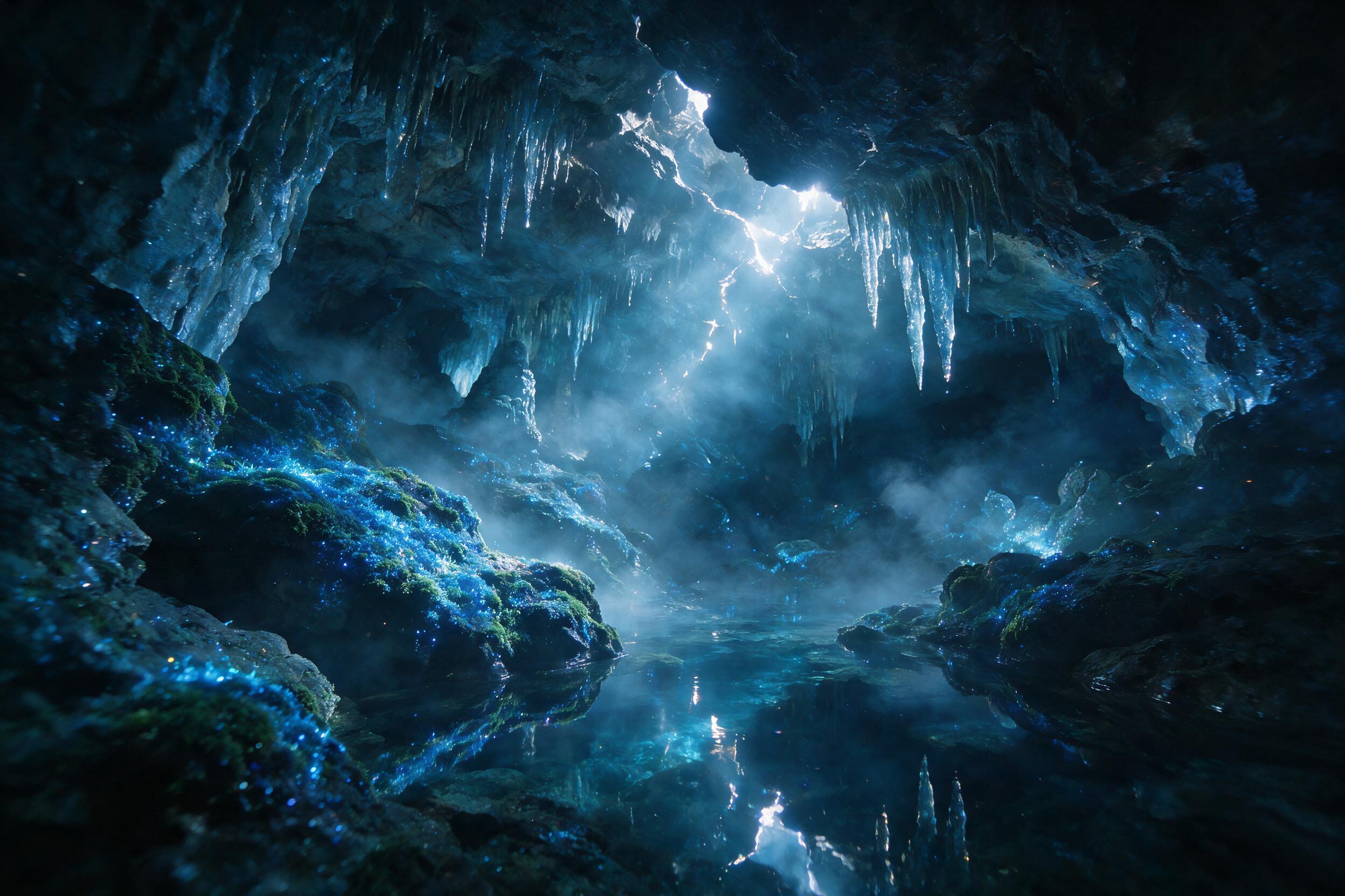 A luminous crystal cave deep underground, glowing blue moss and hanging stalactites reflected in a still pool, ethereal light rays piercing through cracks, mist swirling, slight camera shake, soft dreamy atmosphere