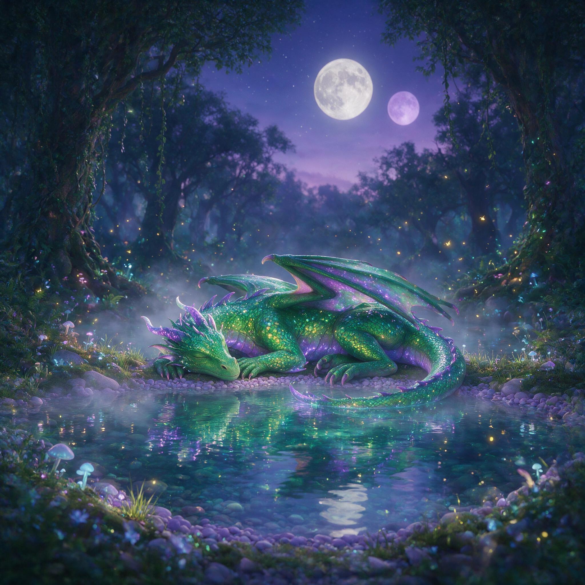 A luminous dragon sleeping coiled around a crystal-clear lake in a bioluminescent forest, glowing mushrooms and fireflies, soft mist rising from the water, twilight sky with two moons, ethereal atmosphere, shallow depth of field, dreamlike colors of deep purple and emerald green