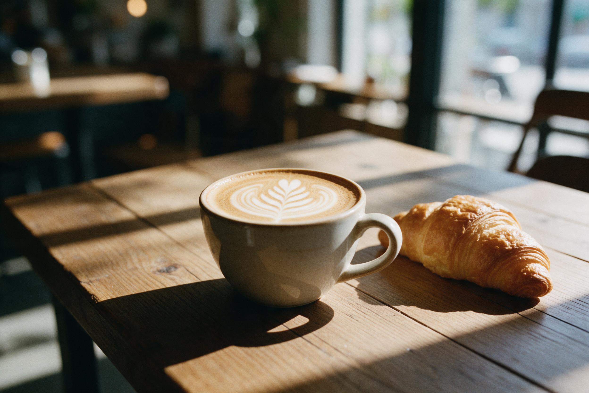 A cozy Sunday morning scene inside a sunlit café, a ceramic latte art cup on a rustic wooden table, soft window light casting long shadows, a croissant with flaky layers, blurred background with warm bokeh, slight grain and subtle film tones, natural candid composition.