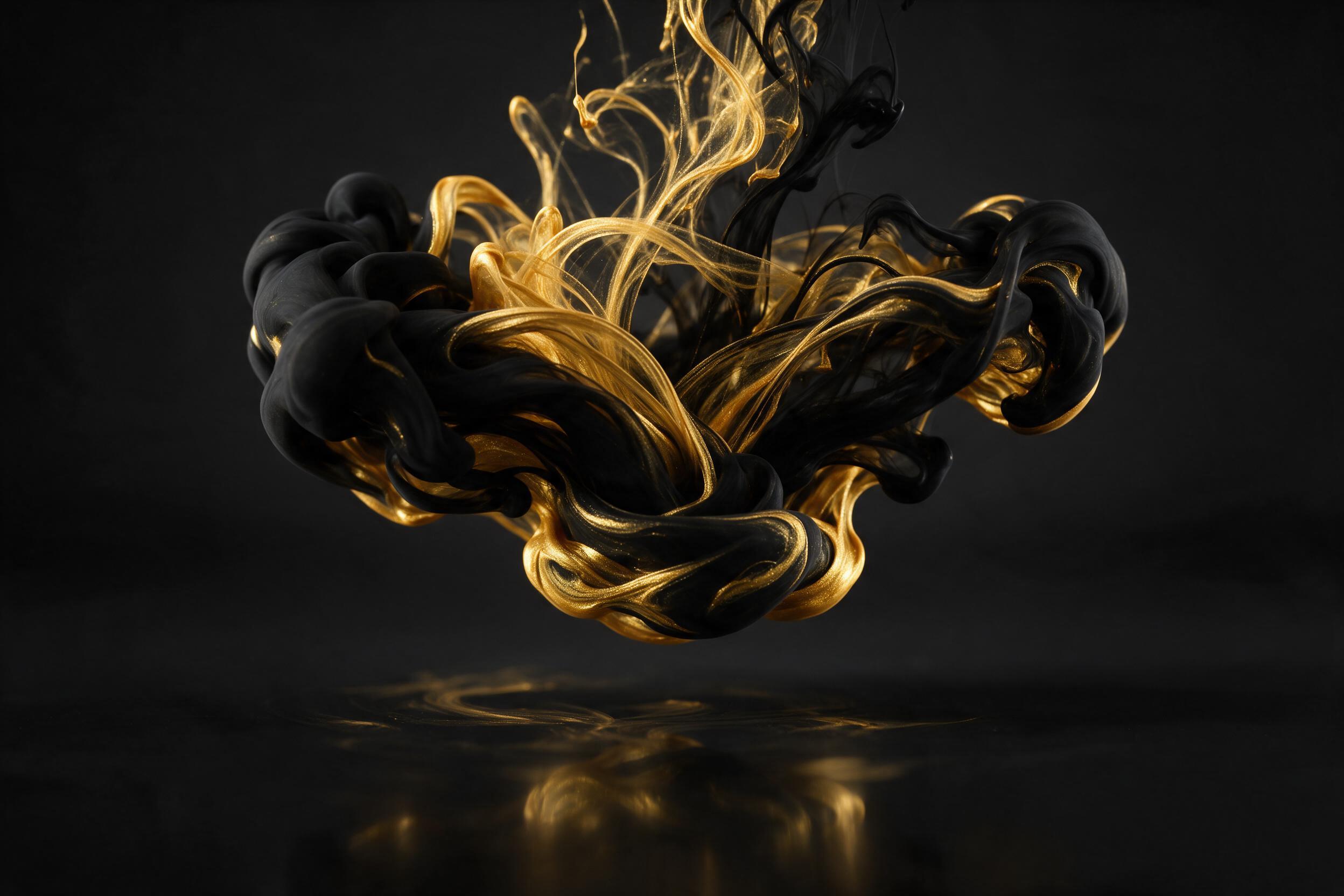 Viscous black ink swirling into molten gold, suspended mid-air, captured with a high-speed camera. Ethereal silk-like ribbons of pigment intertwine, frozen in chaotic elegance. Studio lighting, single bright spotlight from above, casting dramatic shadows on a matte dark background. Subtle reflection