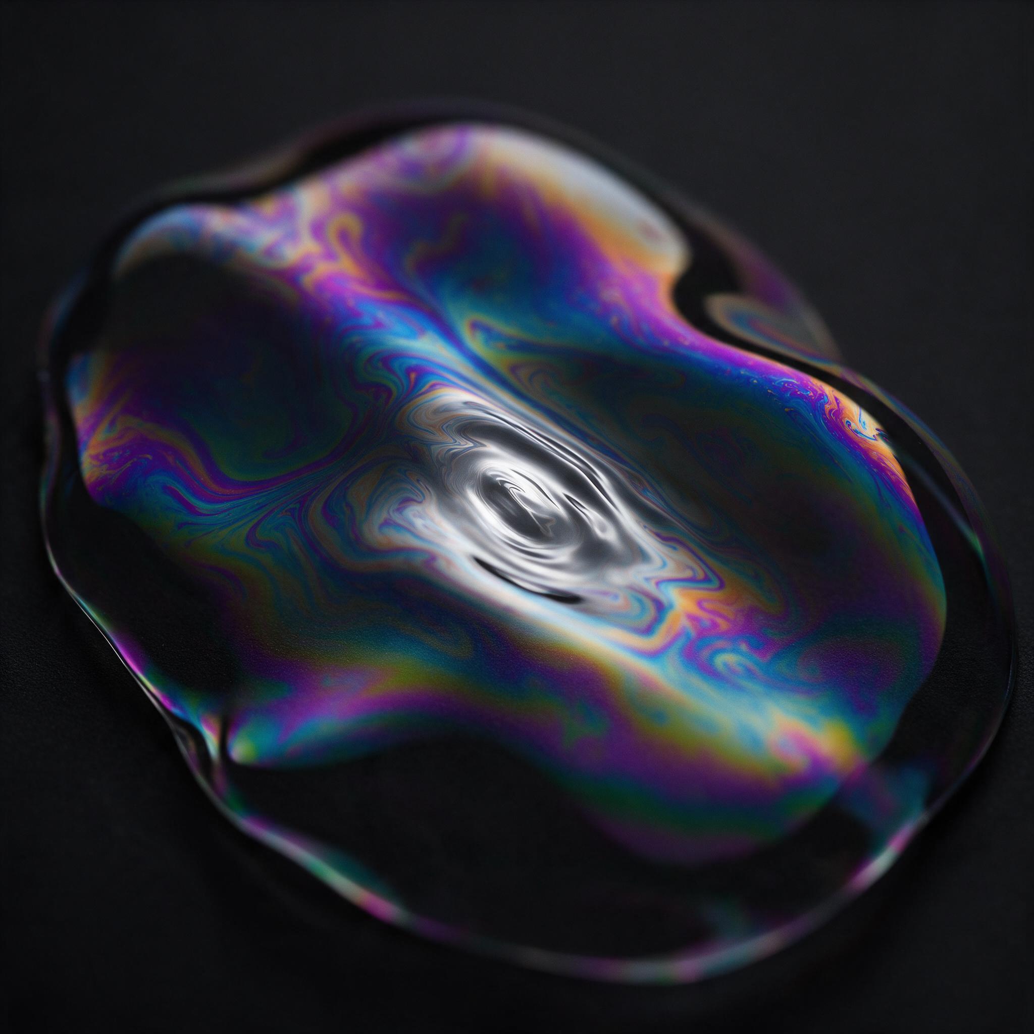Macro shot of iridescent soap film, swirling oil-slick colors across a dark, matte black background. Sharp focus on the center, edges falling into soft blur. Dramatic side lighting highlights the thin film's undulating curves, creating elegant, liquid-like shapes. Minimalist composition, smooth grad