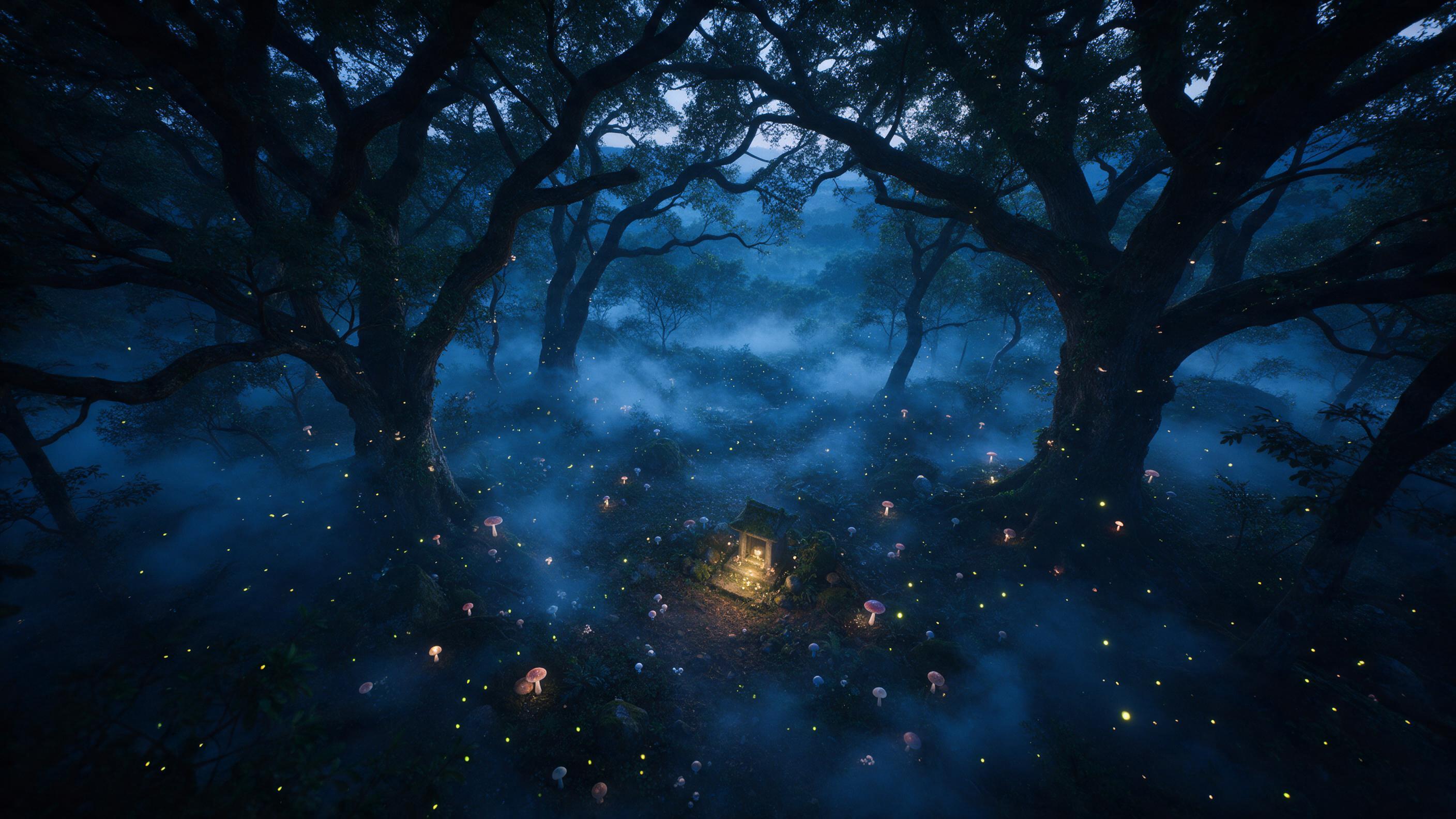 Twilight forest with glowing mushrooms and a swirling blue mist, ancient trees arching overhead, a small stone shrine emitting soft golden light, fireflies dancing, mystical atmosphere, high-angle view emphasizing depth and scale, moody and ethereal lighting