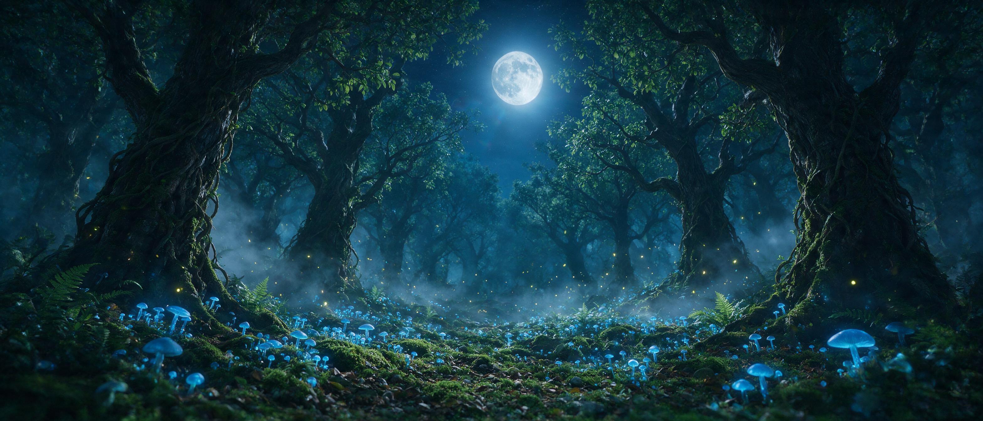 A luminous moonlit forest with ancient gnarled trees, glowing blue mushrooms carpeting the mossy ground, silver mist swirling between trunks, ethereal fireflies dancing in the air, soft moonlight filtering through the canopy, slight lens flare, dreamy atmosphere, cinematic composition.